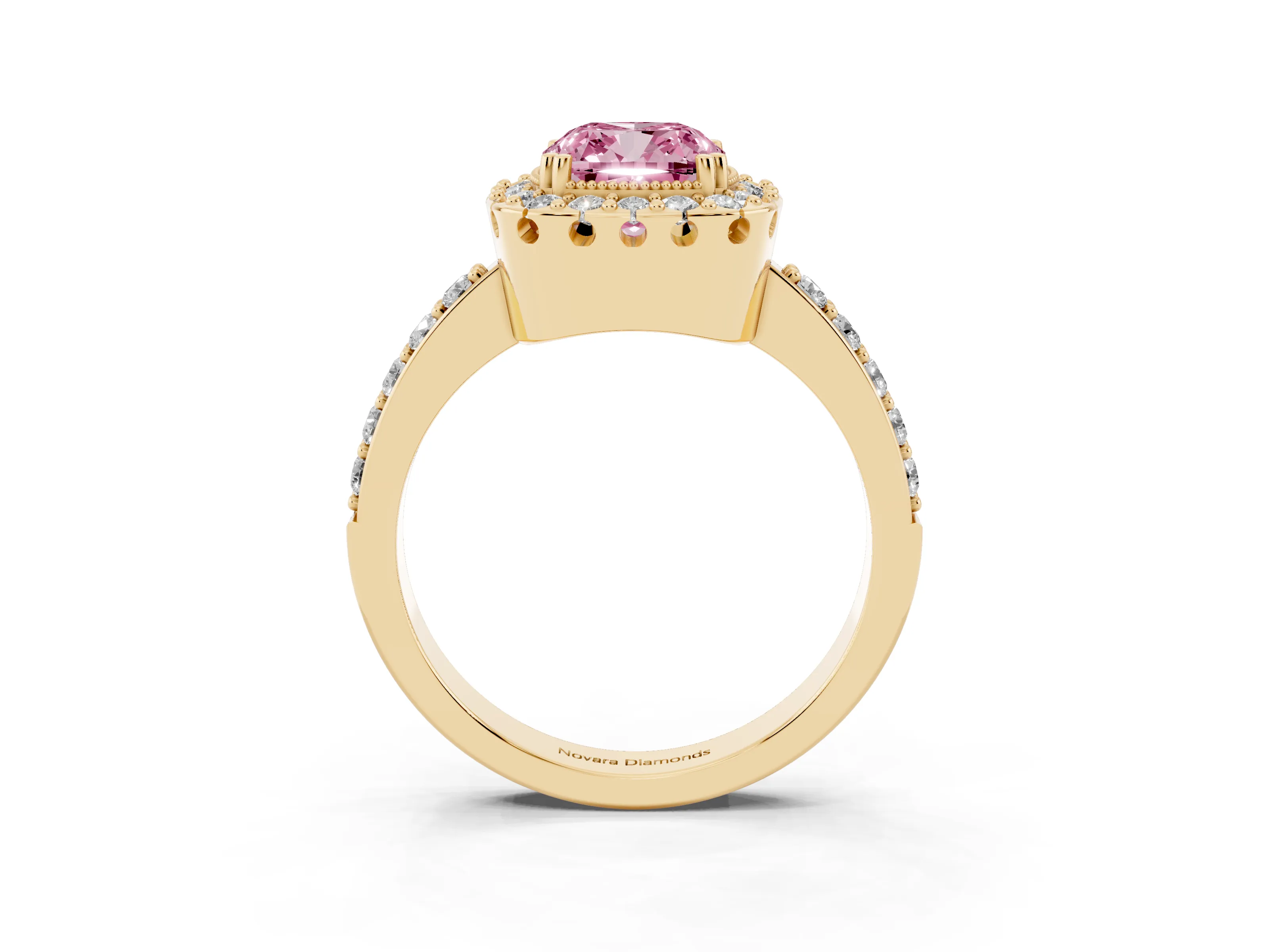 Fancy Pink Cushion Cut Diamond Halo Ring Set in Yellow gold with Pavé Shank and Prong Setting