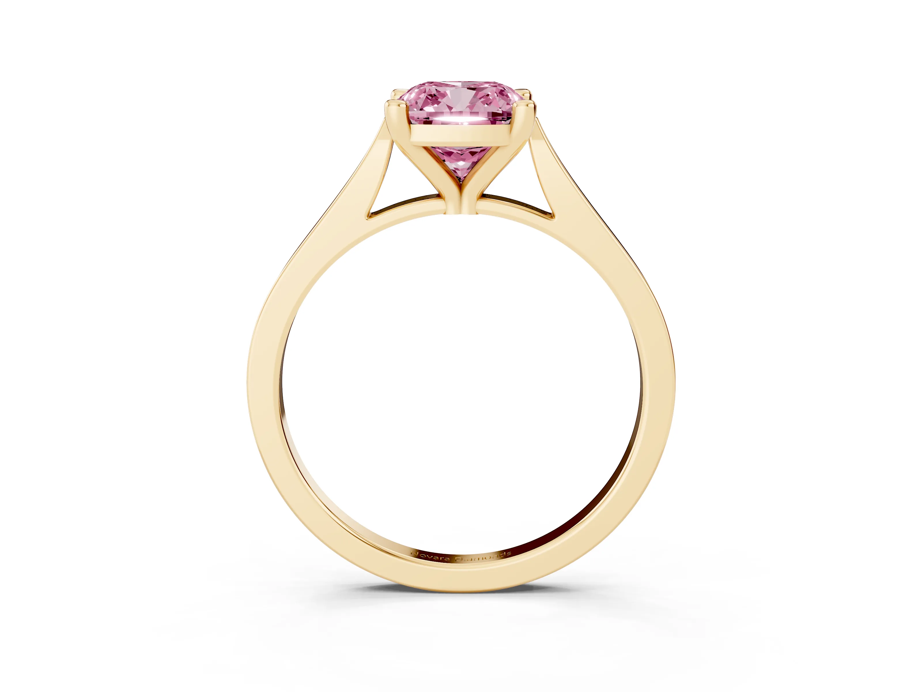 Fancy Pink Cushion Cut Diamond Solitaire Ring Set in Yellow gold with Prong Setting and Tapered Band