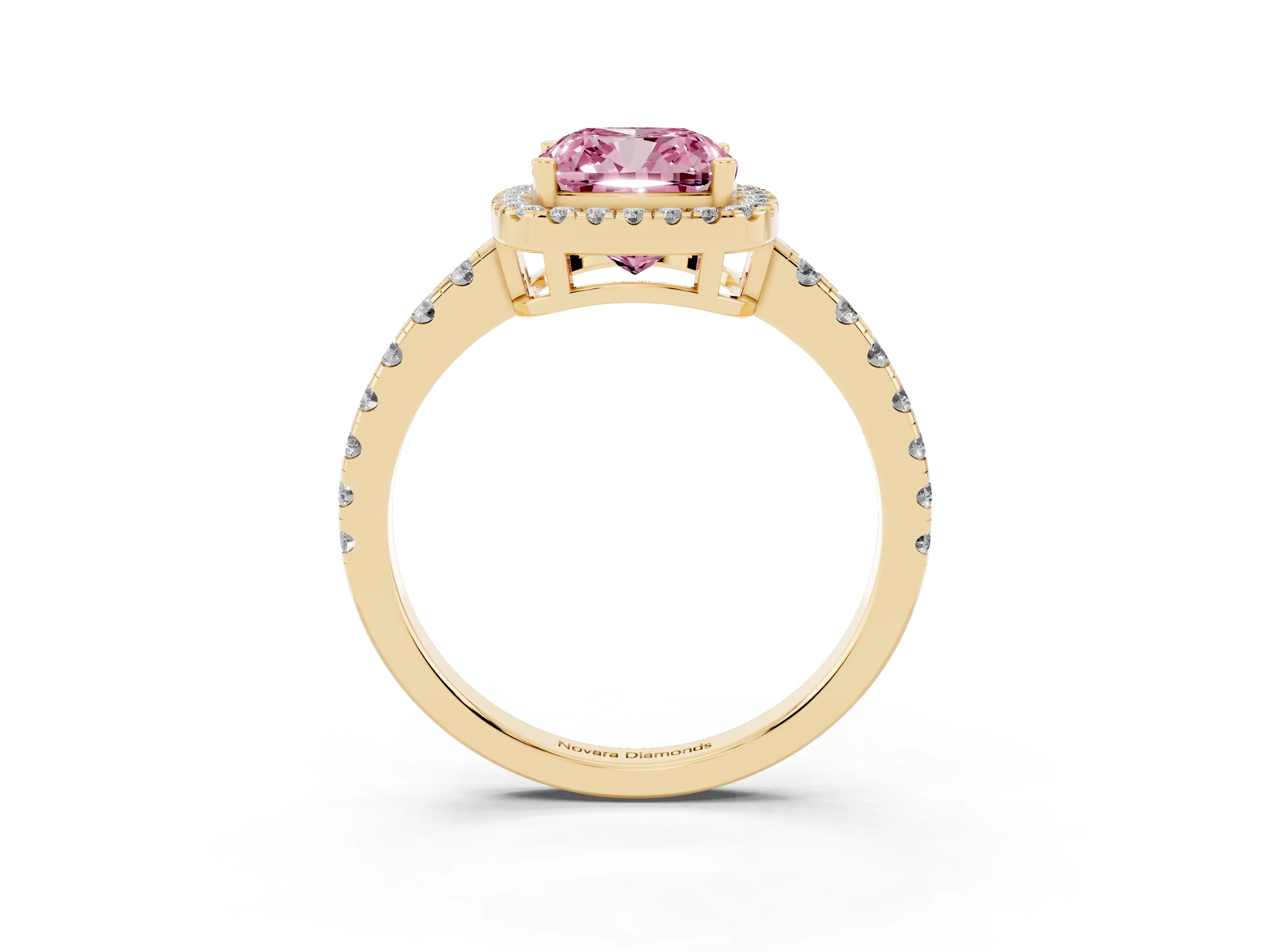 Fancy Pink Cushion Cut Diamond Halo Ring Set in Yellow gold with Delicate Pavé Band and Prong Setting