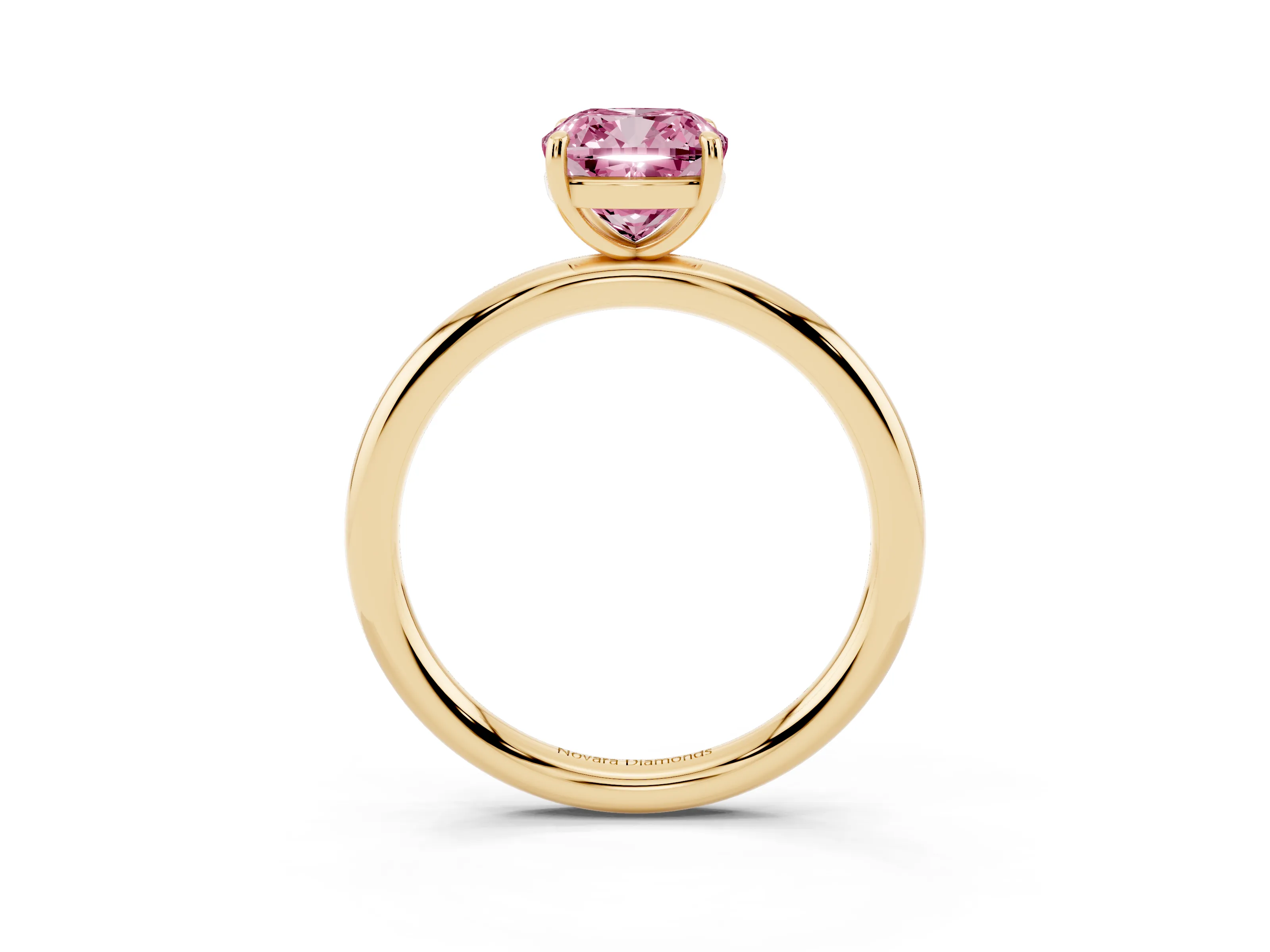 Fancy Pink Cushion Cut Diamond Solitaire Ring Set in Yellow gold with Prong Setting on a Polished Plain Band