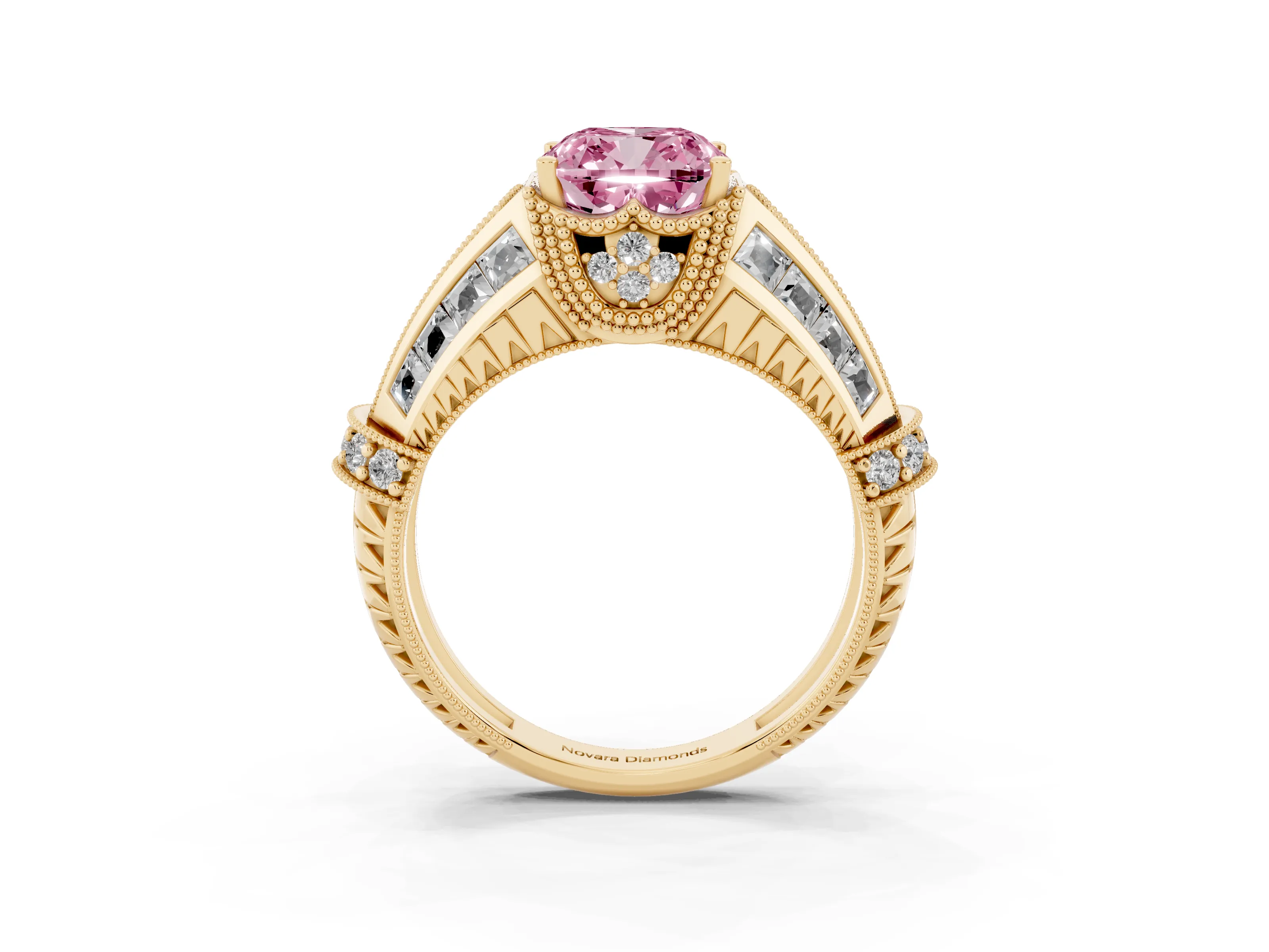 Fancy Pink Cushion Cut Diamond Vintage-Inspired Milgrain Ring Set in Yellow gold with Accent Split Shank