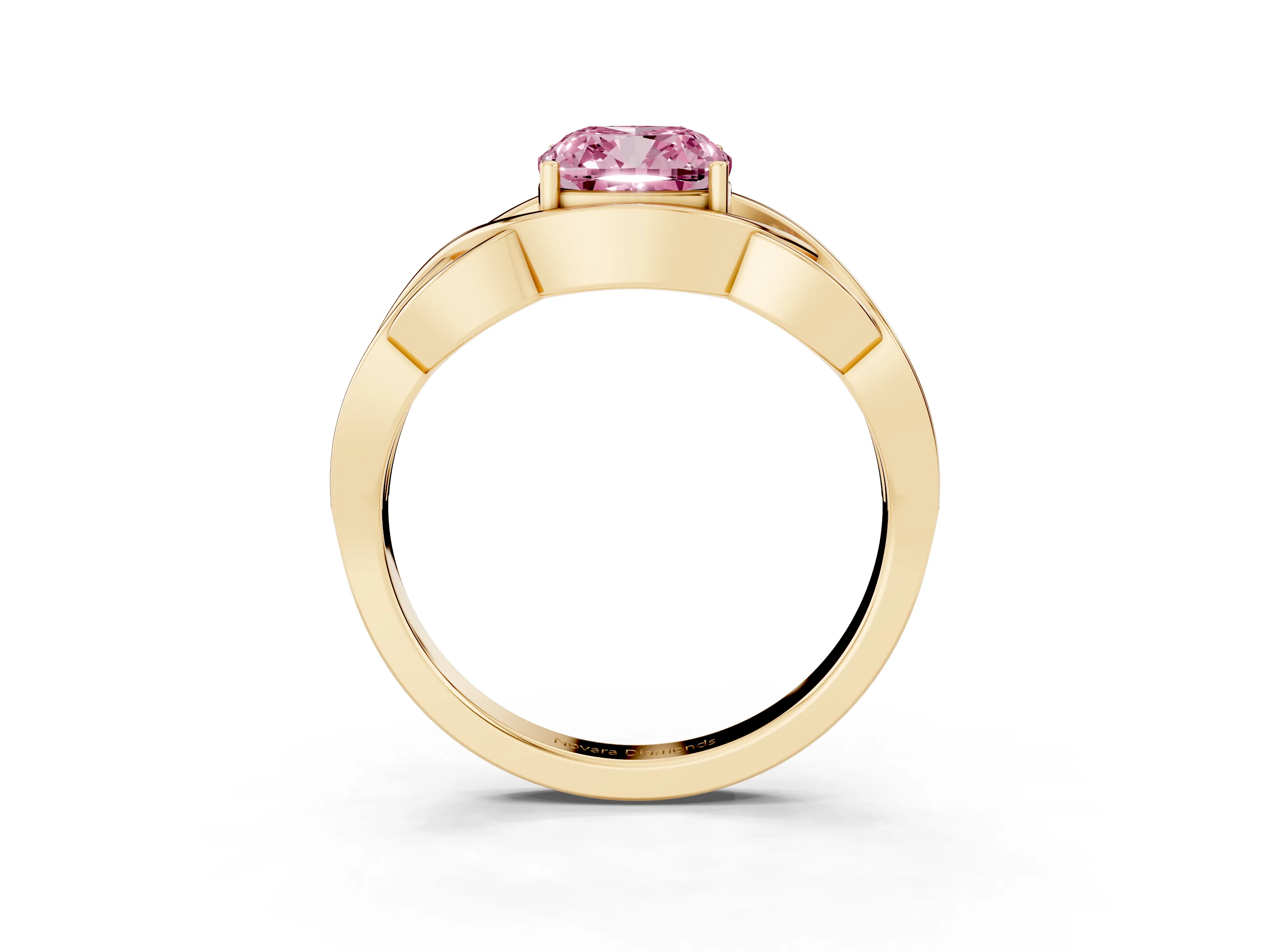 Fancy Pink Cushion Cut Diamond Solitaire Ring Set in Yellow gold with Intertwined Band