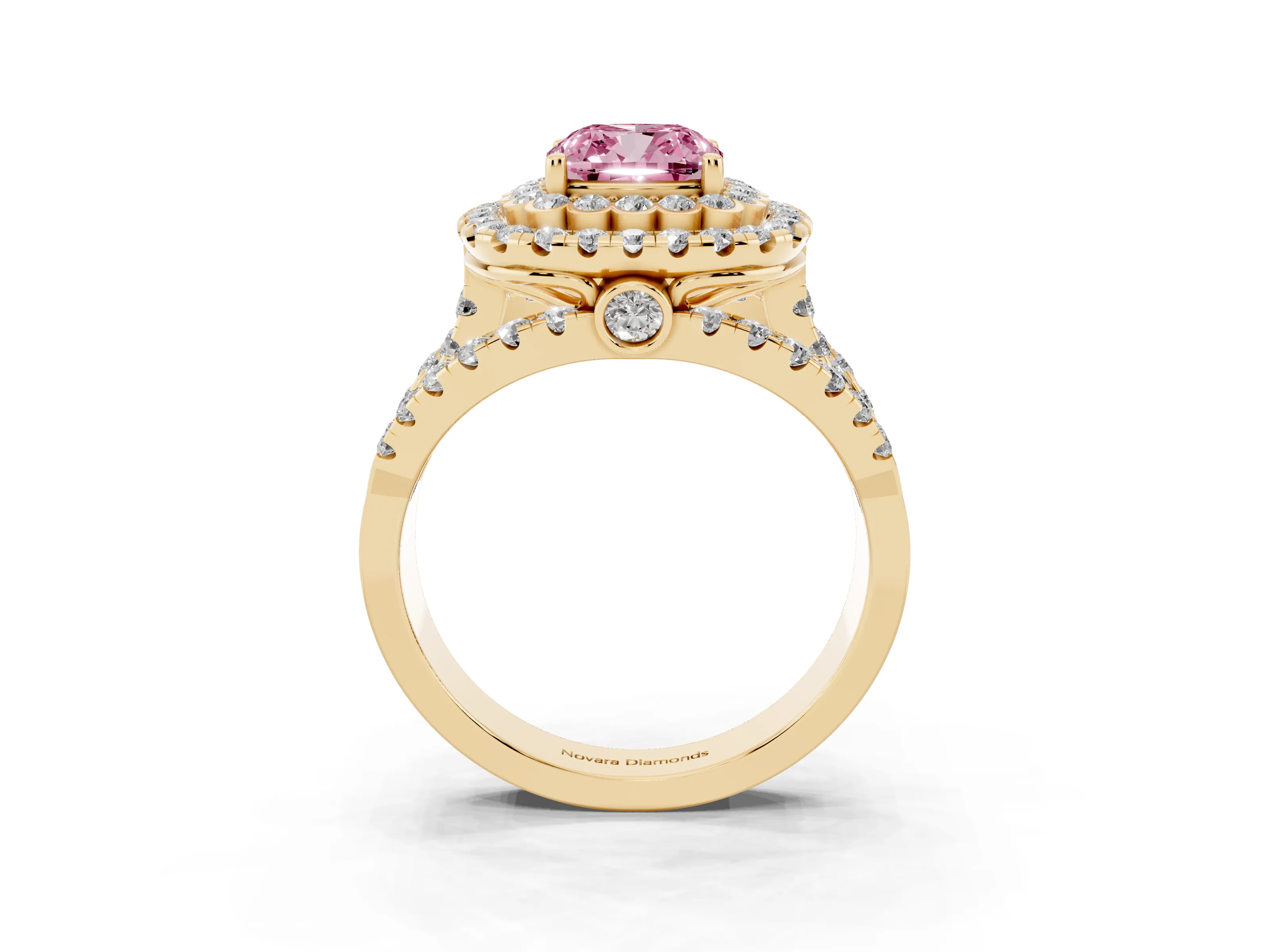 Fancy Pink Cushion Cut Diamond Double Halo Ring Set in Yellow gold with Round Pavé Split Shank