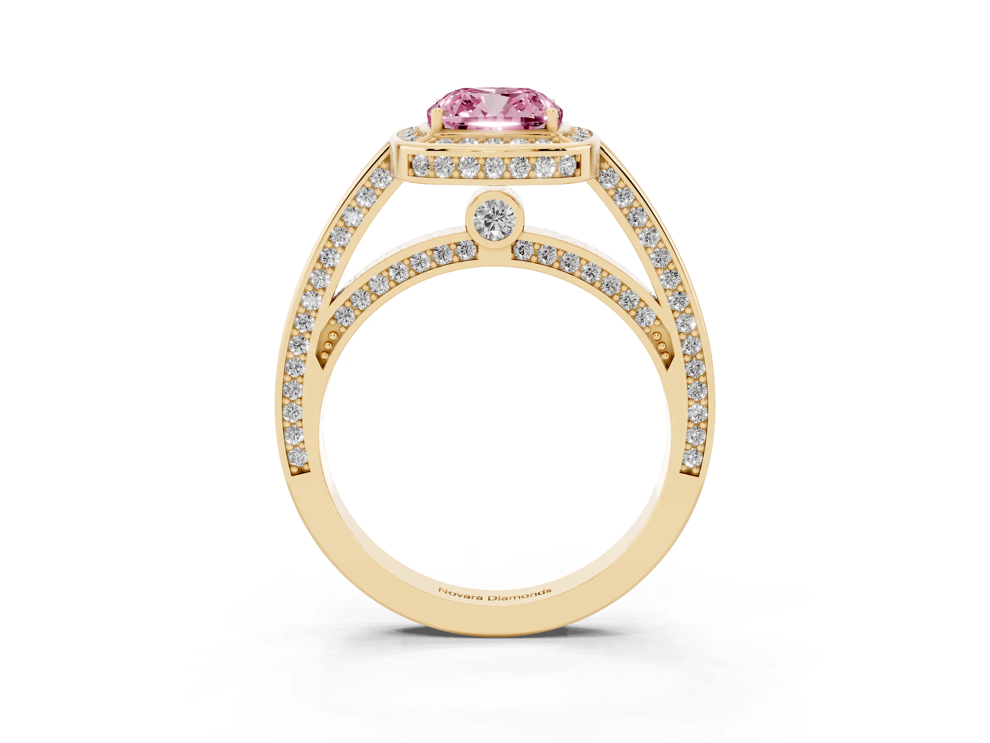 Fancy Pink Cushion Cut Diamond Halo Pavé Split Shank Ring Set in Yellow gold with Prong Setting