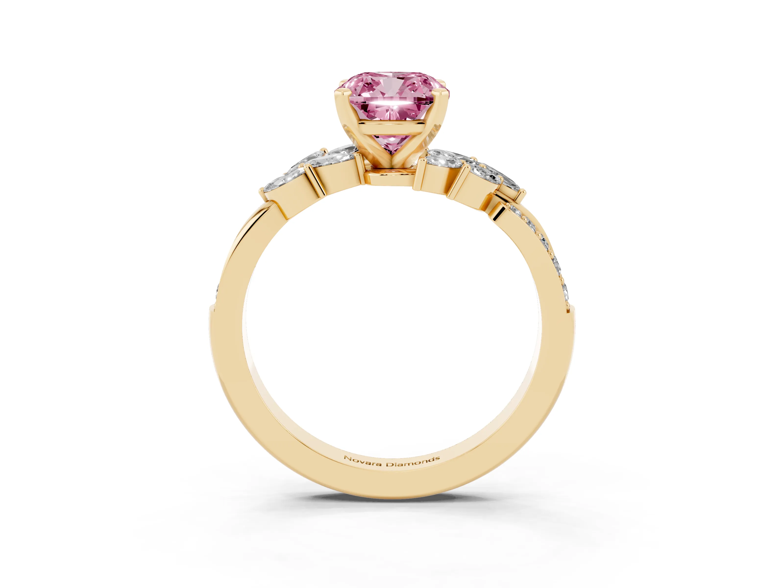 Fancy Pink Cushion Cut Diamond Solitaire Ring Set in Yellow gold with Marquise Twist Band and Prong Setting