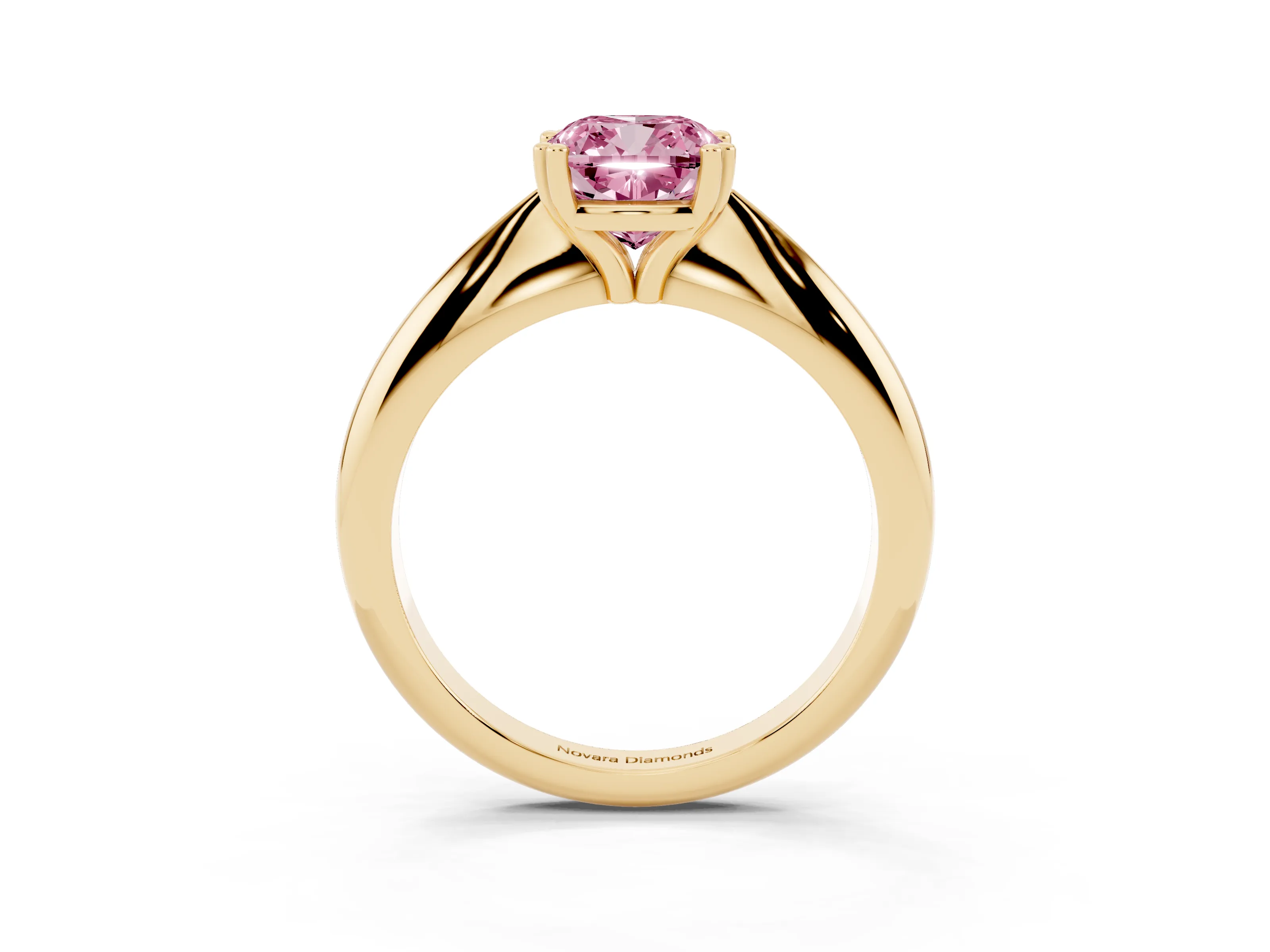 Fancy Pink Cushion Cut Diamond Solitaire Engagement Ring Set in Yellow gold with Tapered Band and Prong Setting