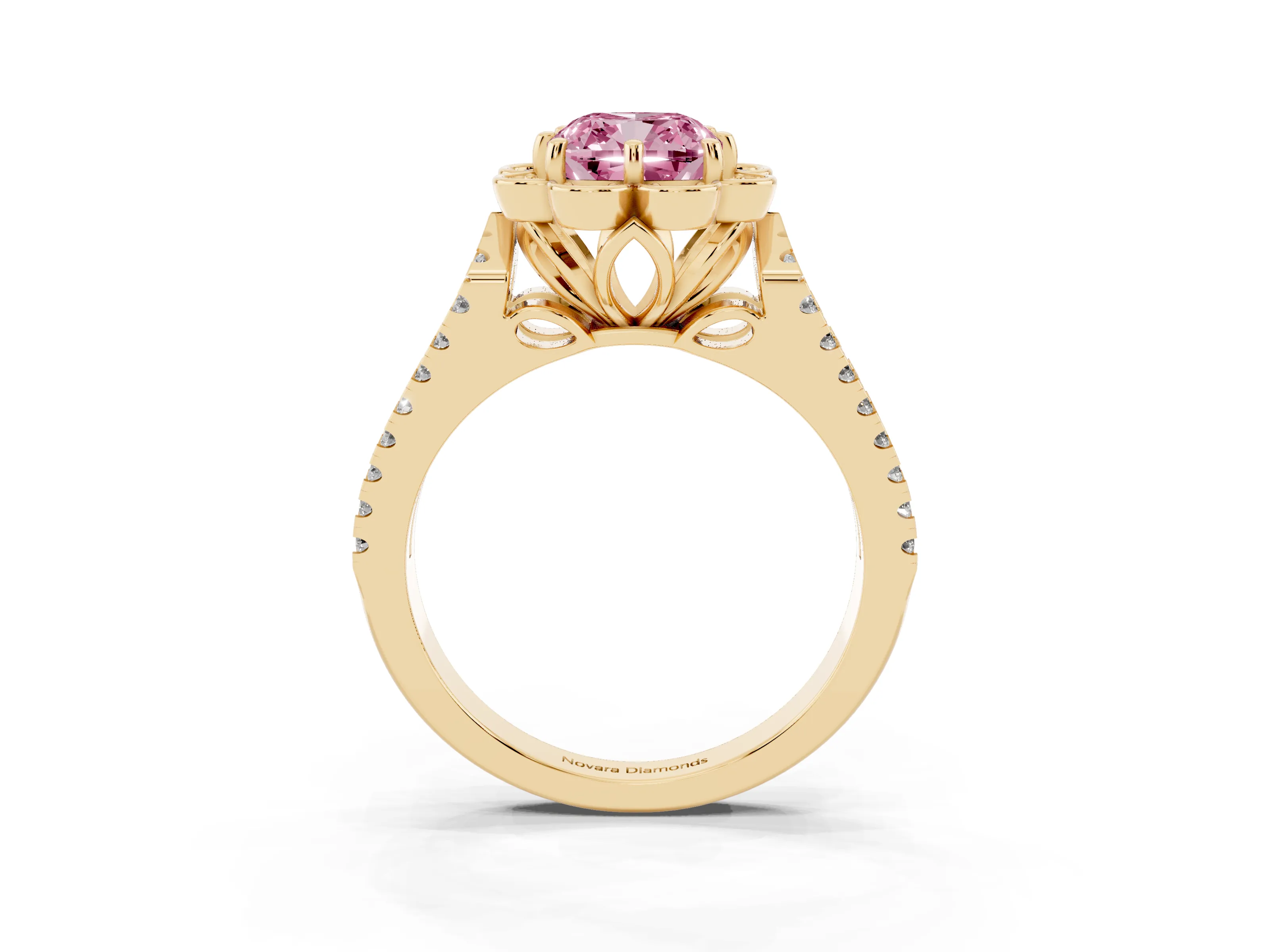 Fancy Pink Cushion Cut Diamond Floral Halo Split Shank Engagement Ring Set in Yellow gold with Pavé Shank