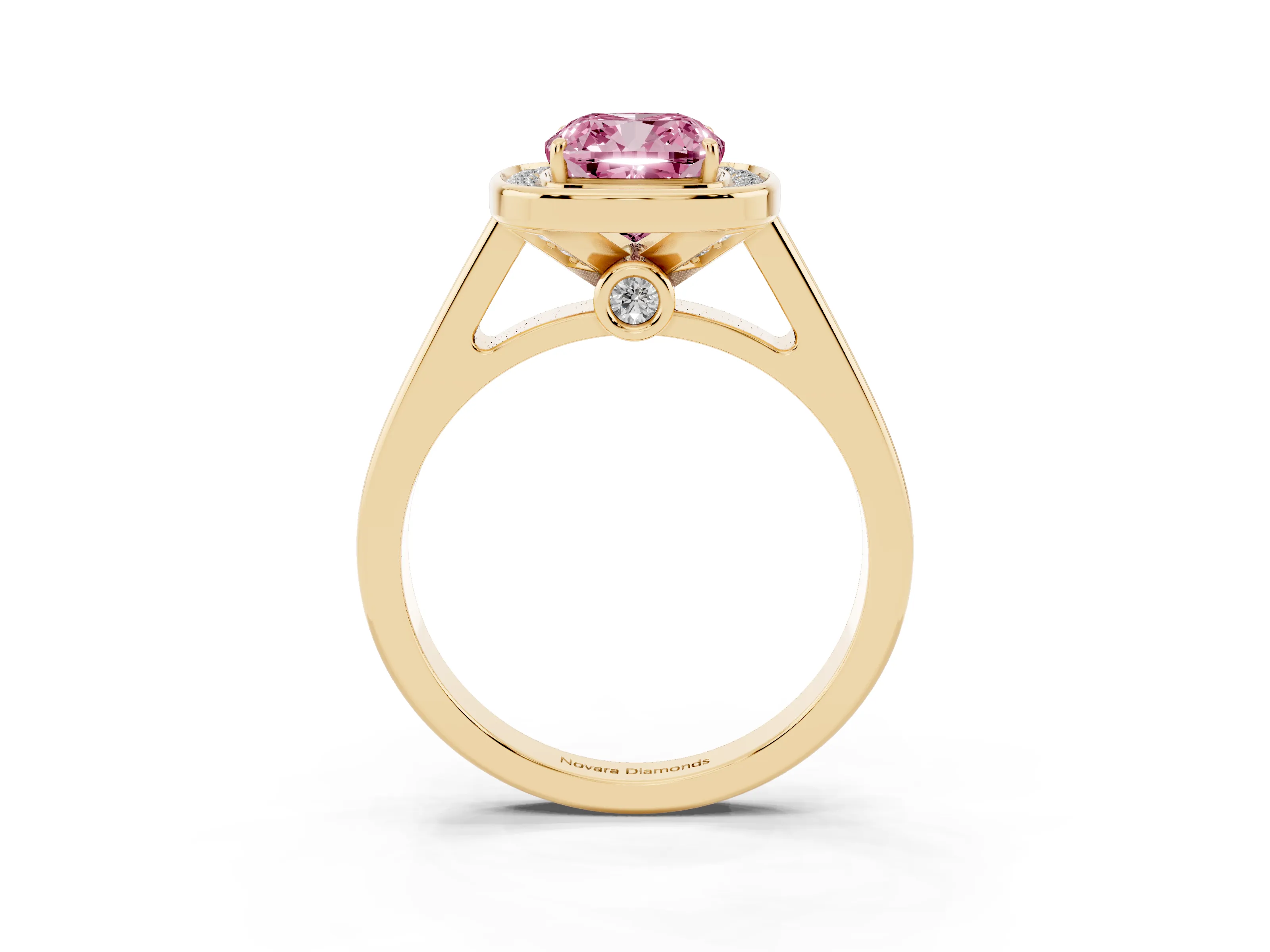 Fancy Pink Cushion Cut Diamond Halo Solitaire Ring Set in Yellow gold with Pavé Band and Bezel Setting