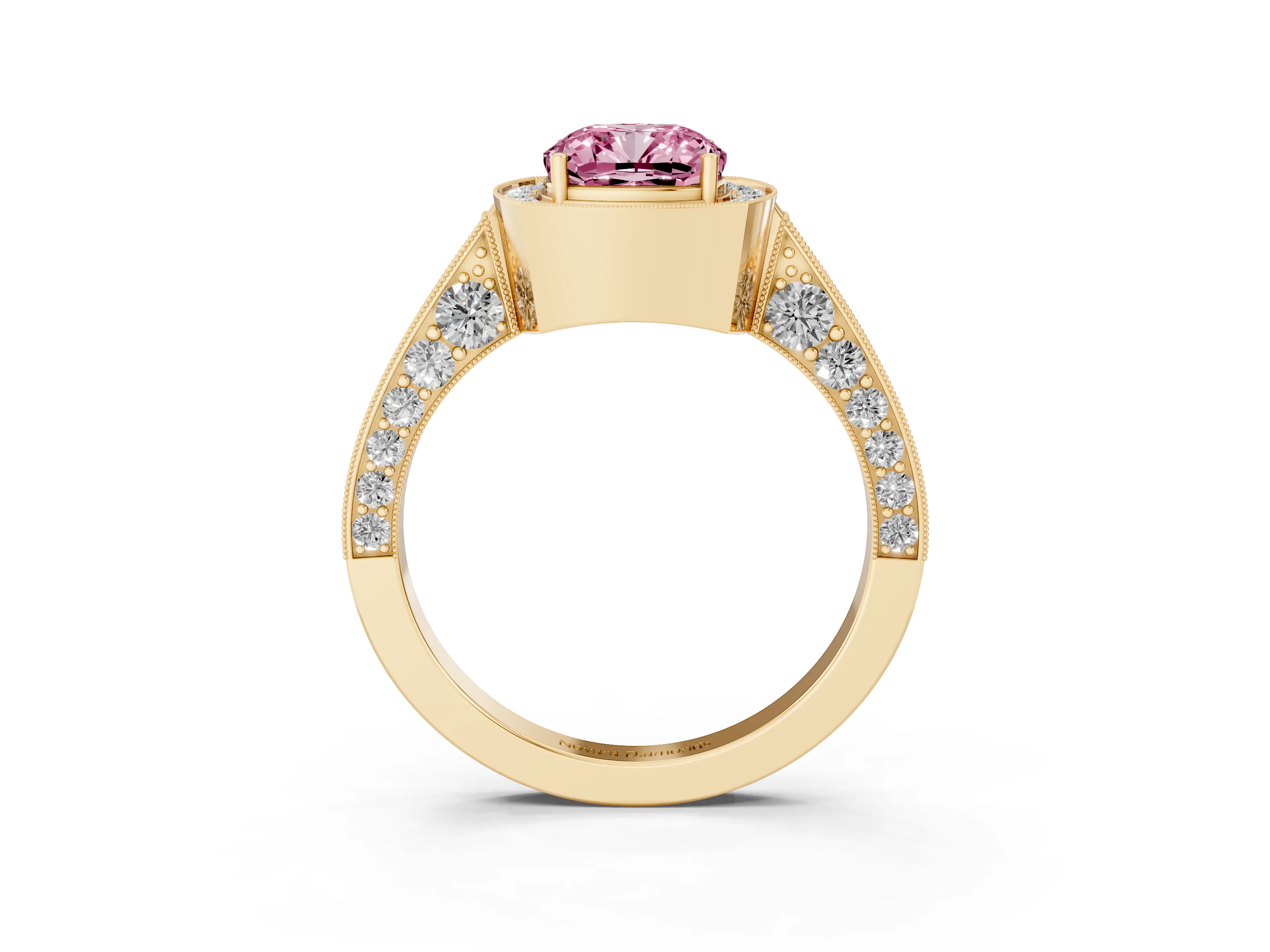 Fancy Pink Cushion Cut Diamond Halo Engagement Ring Set in Yellow gold with Accent Split Shank Band
