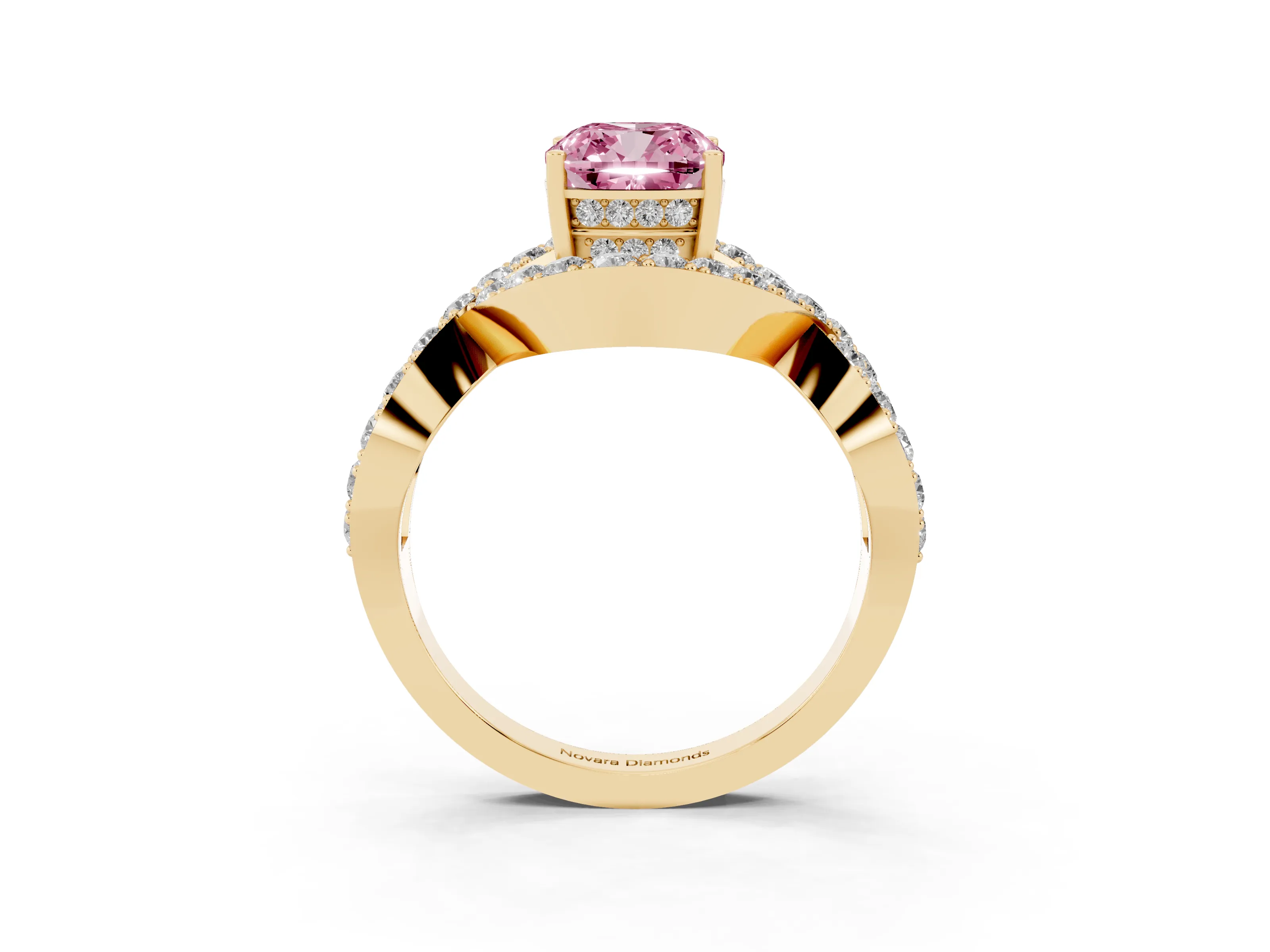Fancy Pink Cushion Cut Diamond Solitaire Twist Band Pavé Engagement Ring Set in Yellow gold