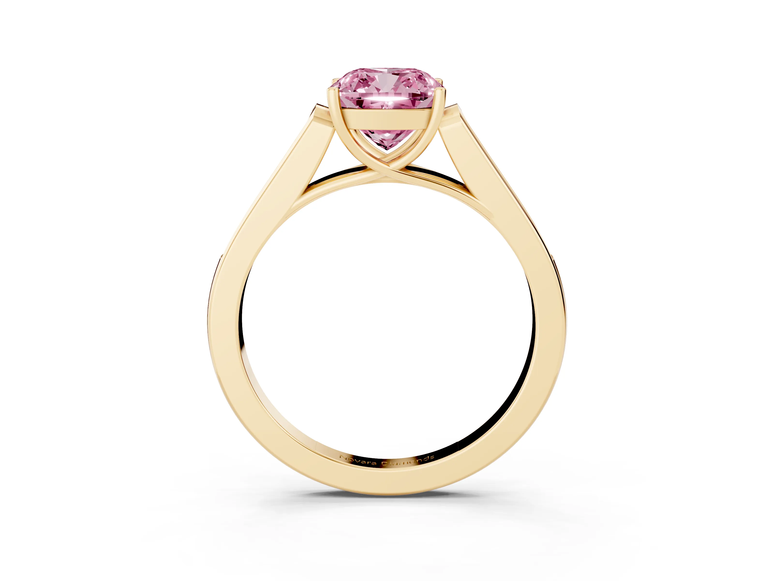 Fancy Pink Cushion Cut Diamond Solitaire Cathedral Engagement Ring Set in Yellow gold with Channel-Set Band and Prong Setting