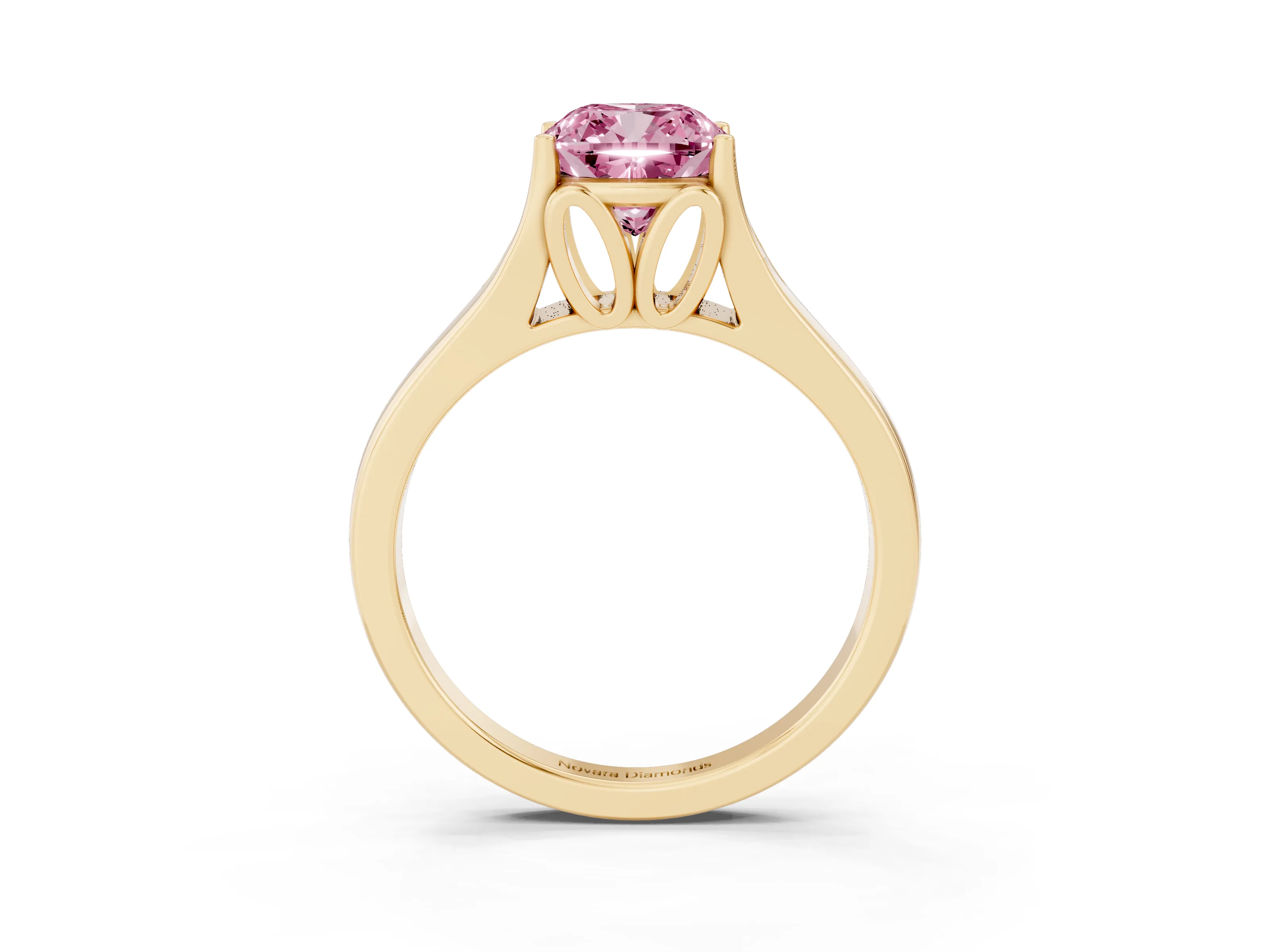 Fancy Pink Cushion Cut Diamond Solitaire Ring Set in Yellow gold with Arched Cathedral Band and Prong Setting