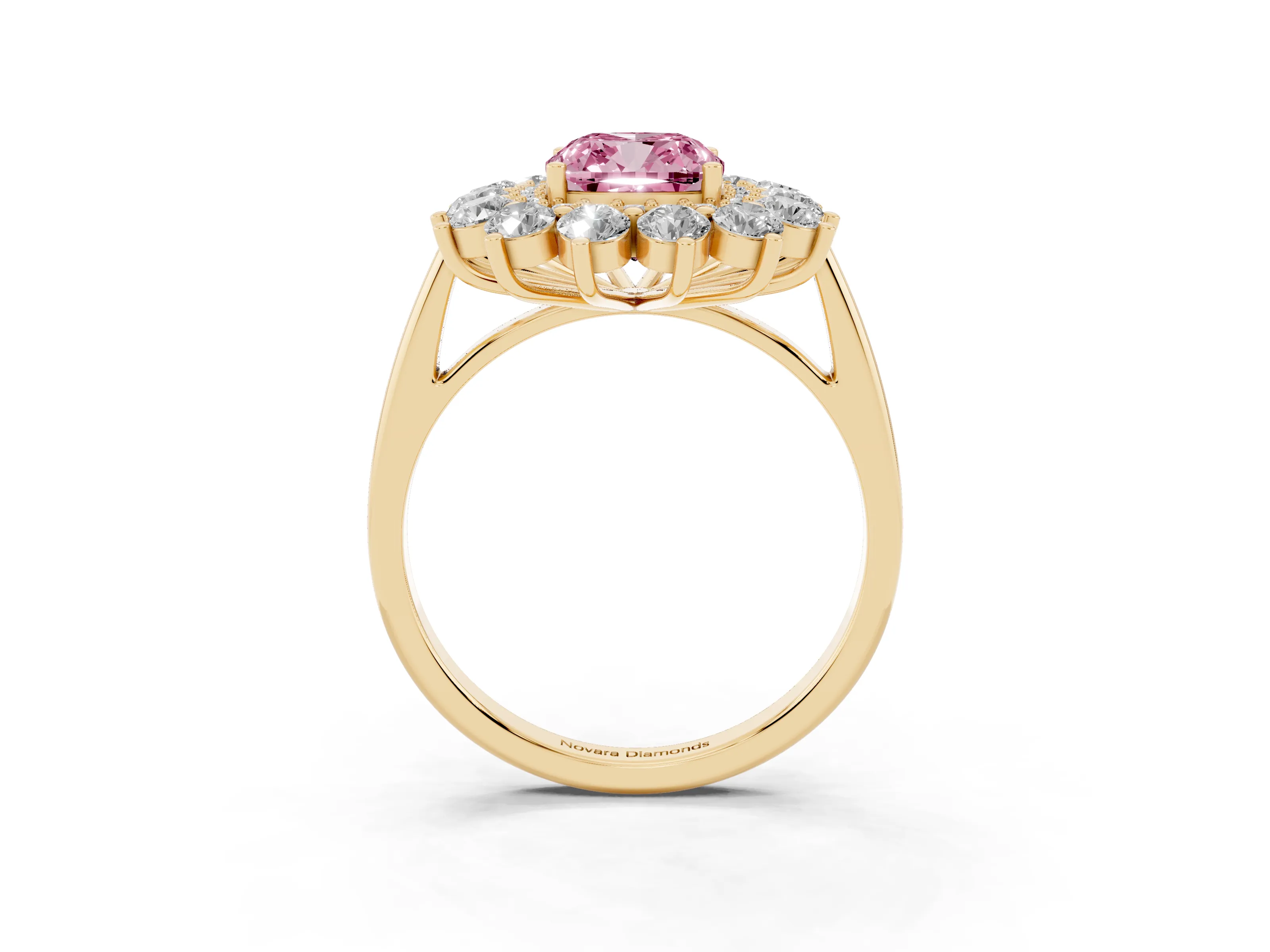 Fancy Pink Cushion Cut Diamond Floral Double Halo Ring Set in Yellow gold with Round Petals