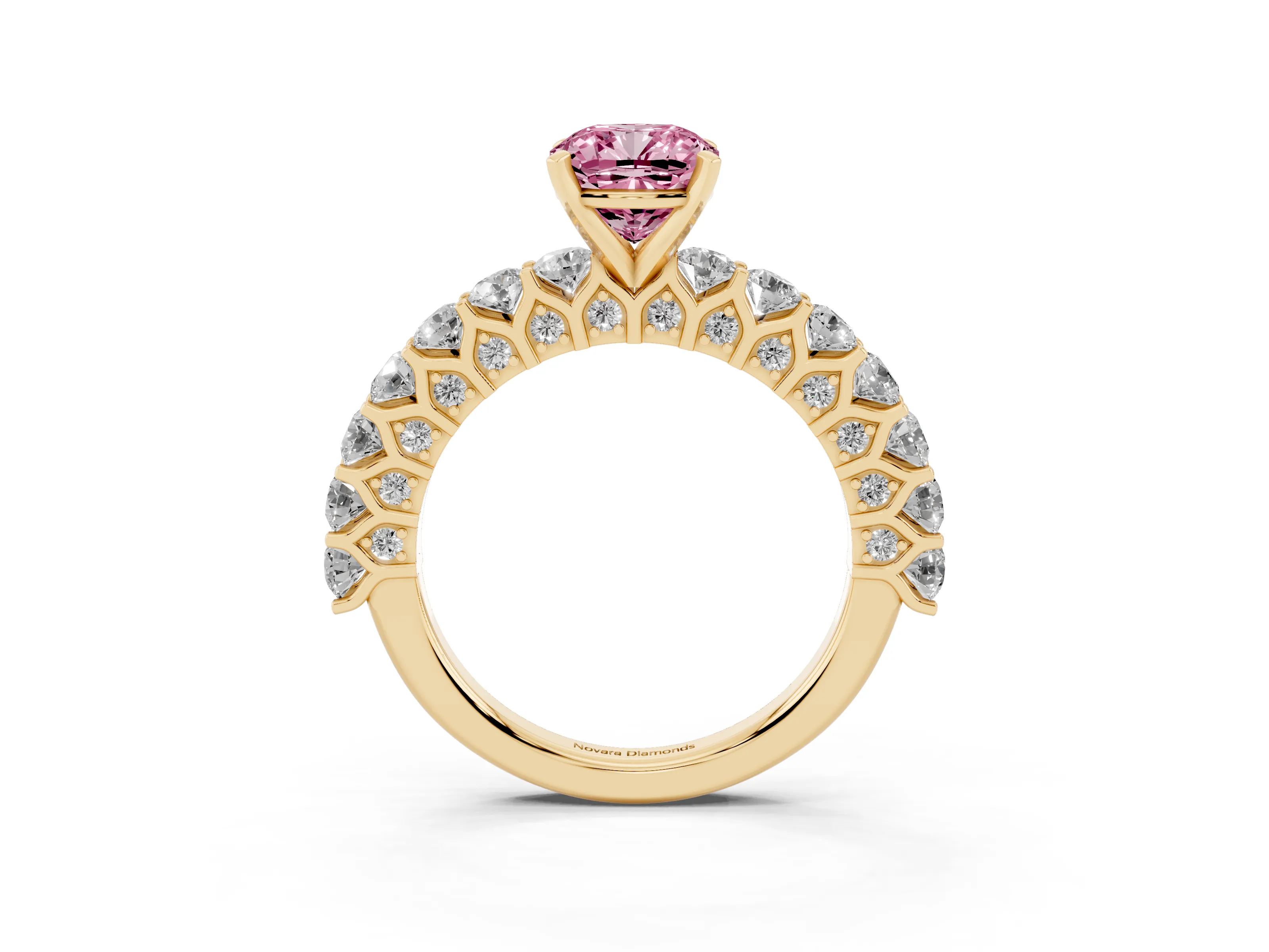 Fancy Pink Cushion Cut Diamond Solitaire Ring Set in Yellow gold with Shared Prong Pavé Band