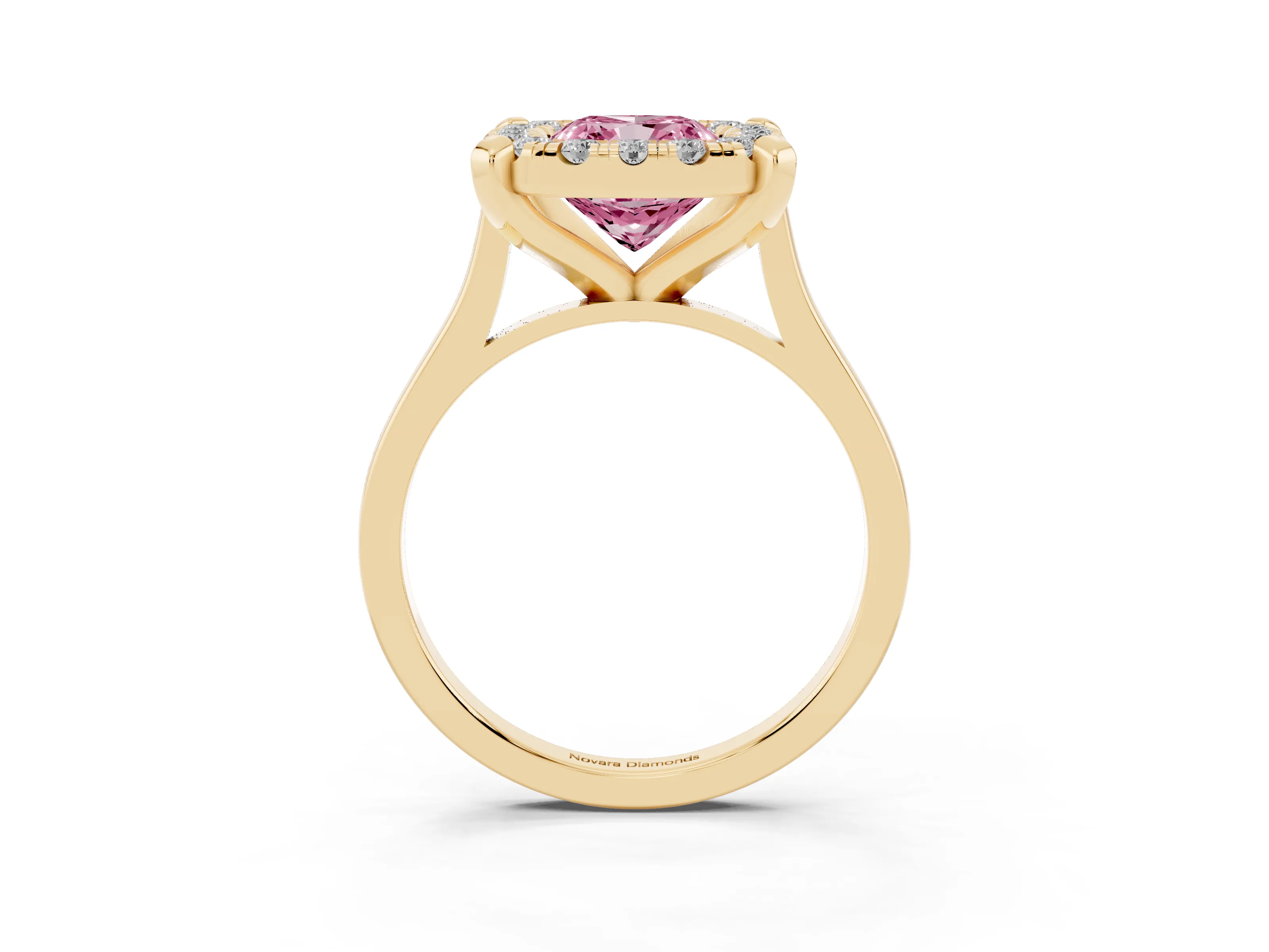Fancy Pink Cushion Cut Diamond Cluster Halo Solitaire Ring Set in Yellow gold with Prong Setting