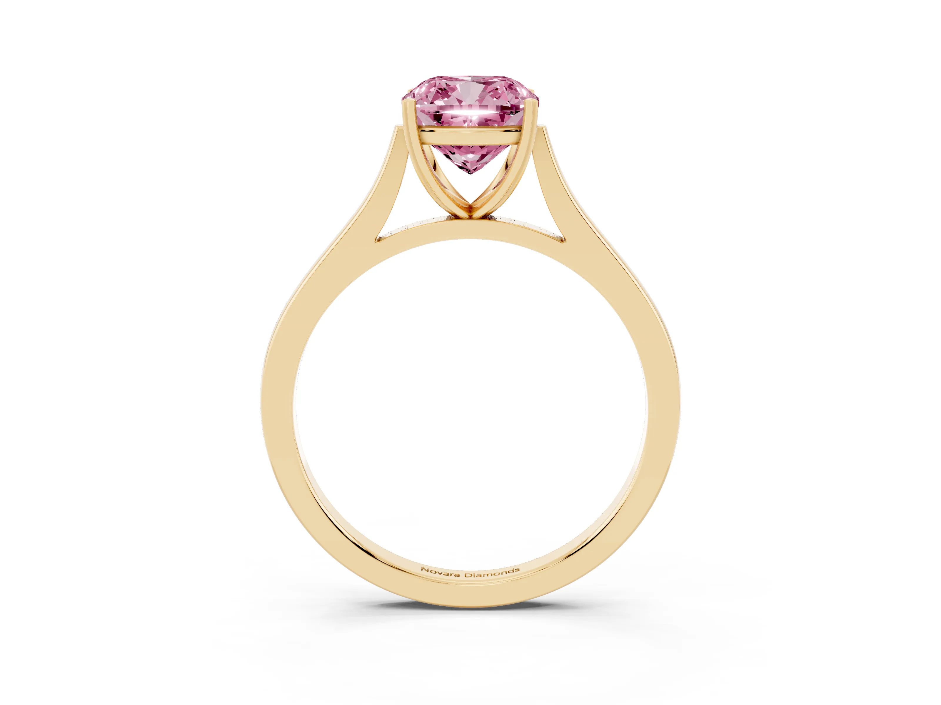 Fancy Pink Cushion Cut Diamond Solitaire Heart Prong Engagement Ring Set in Yellow gold with Tapered Band