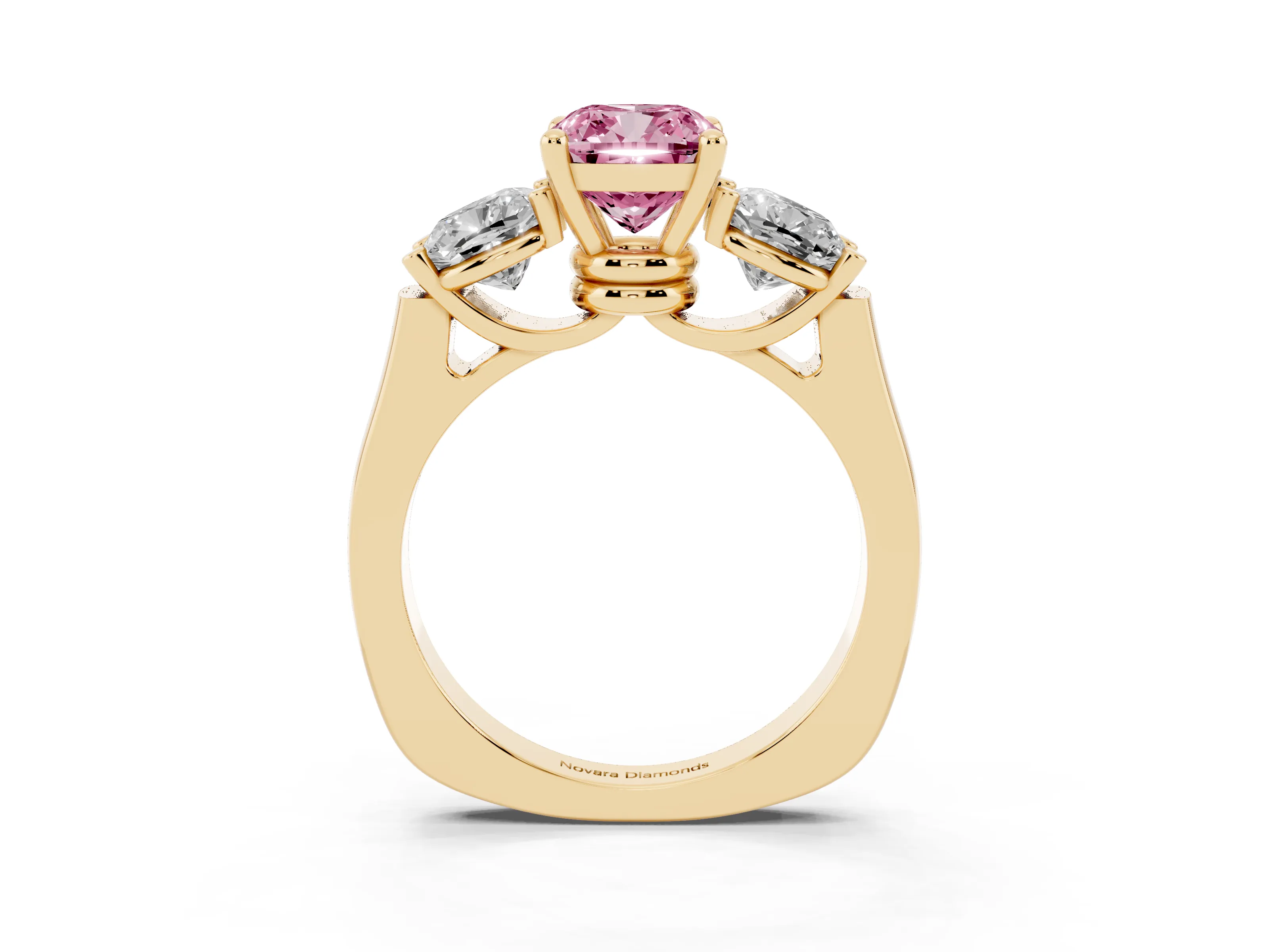 Fancy Pink Cushion Cut Diamond Three-Stone Trellis Ring Set in Yellow gold with Comfort Fit Band
