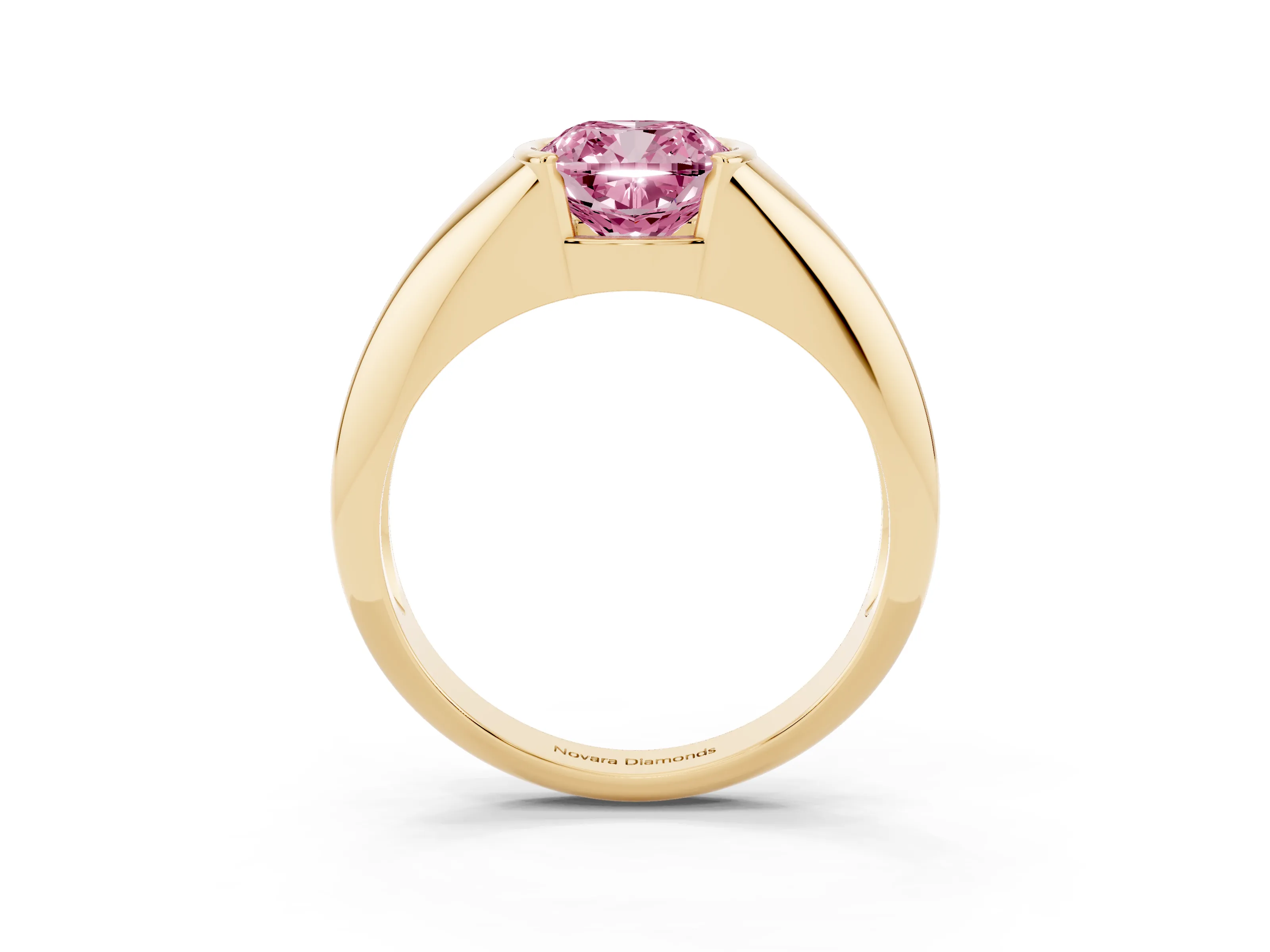 Fancy Pink Cushion Cut Diamond Solitaire Tension Set Ring Set in Yellow gold