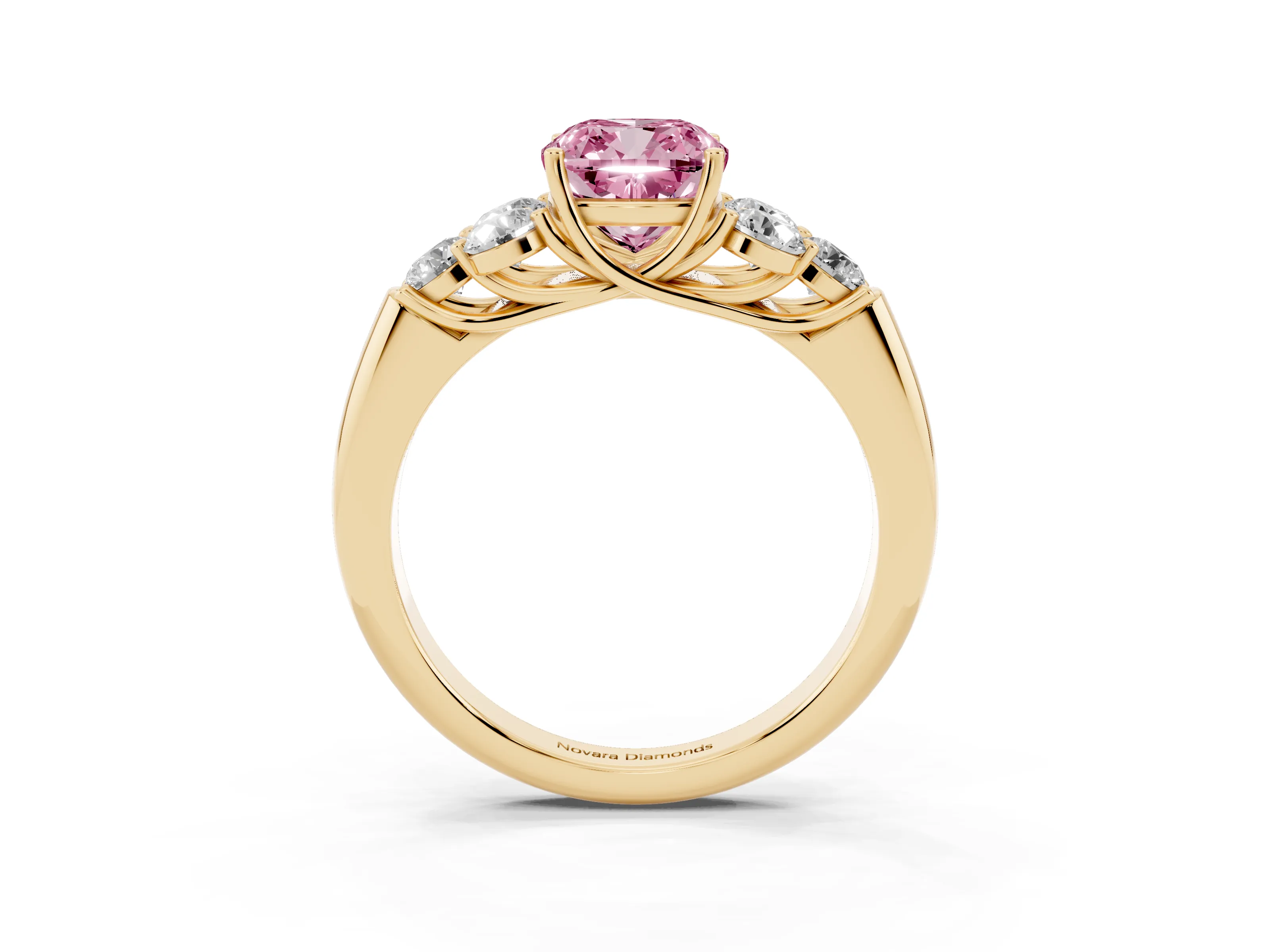 Fancy Pink Cushion Cut Diamond Cluster Ring Set in Yellow gold with Round Accent Stones and Prong Setting on a Plain Band