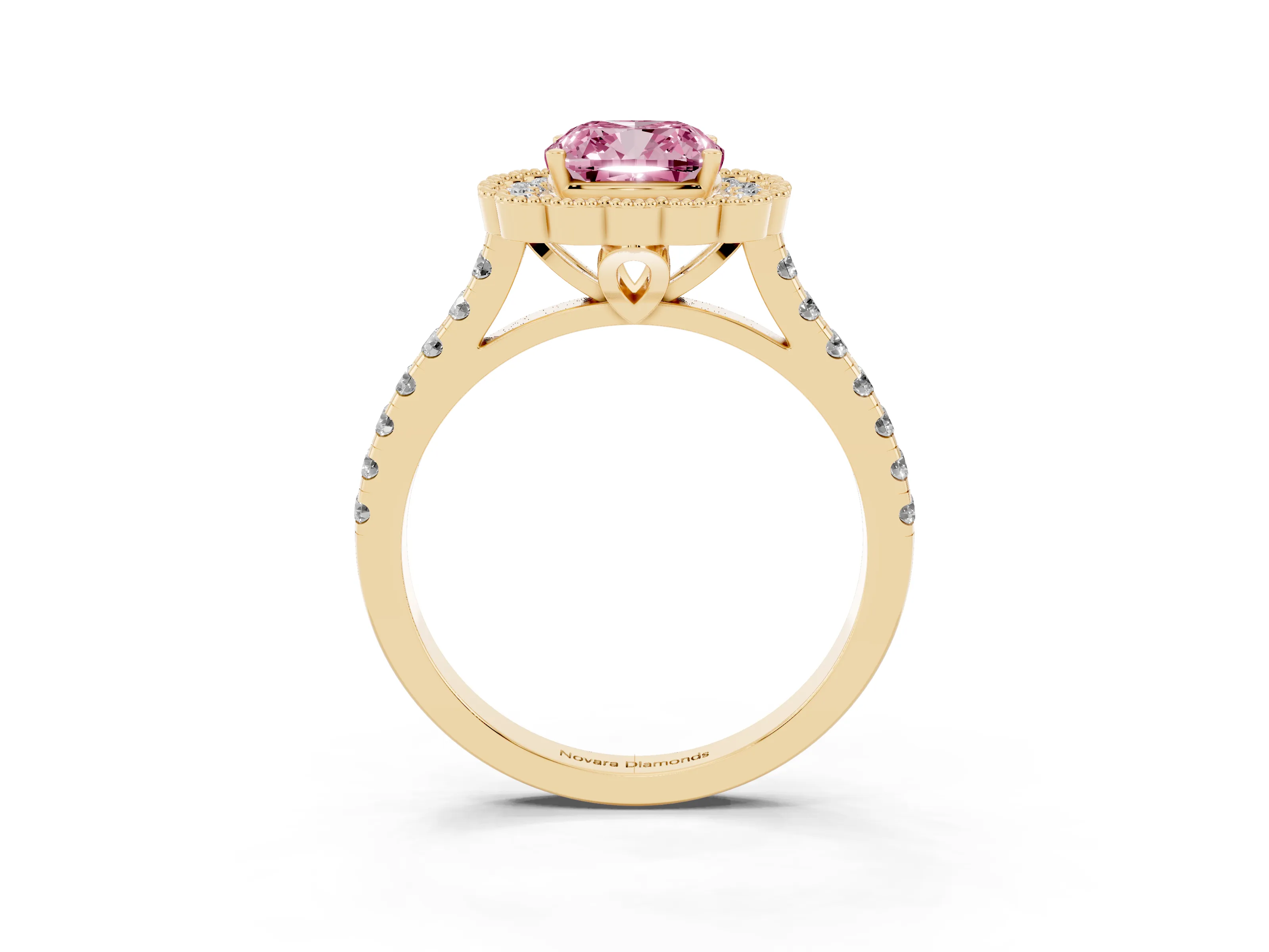 Fancy Pink Cushion Cut Diamond Milgrain Floral Halo Engagement Ring Set in Yellow gold with Pavé Band