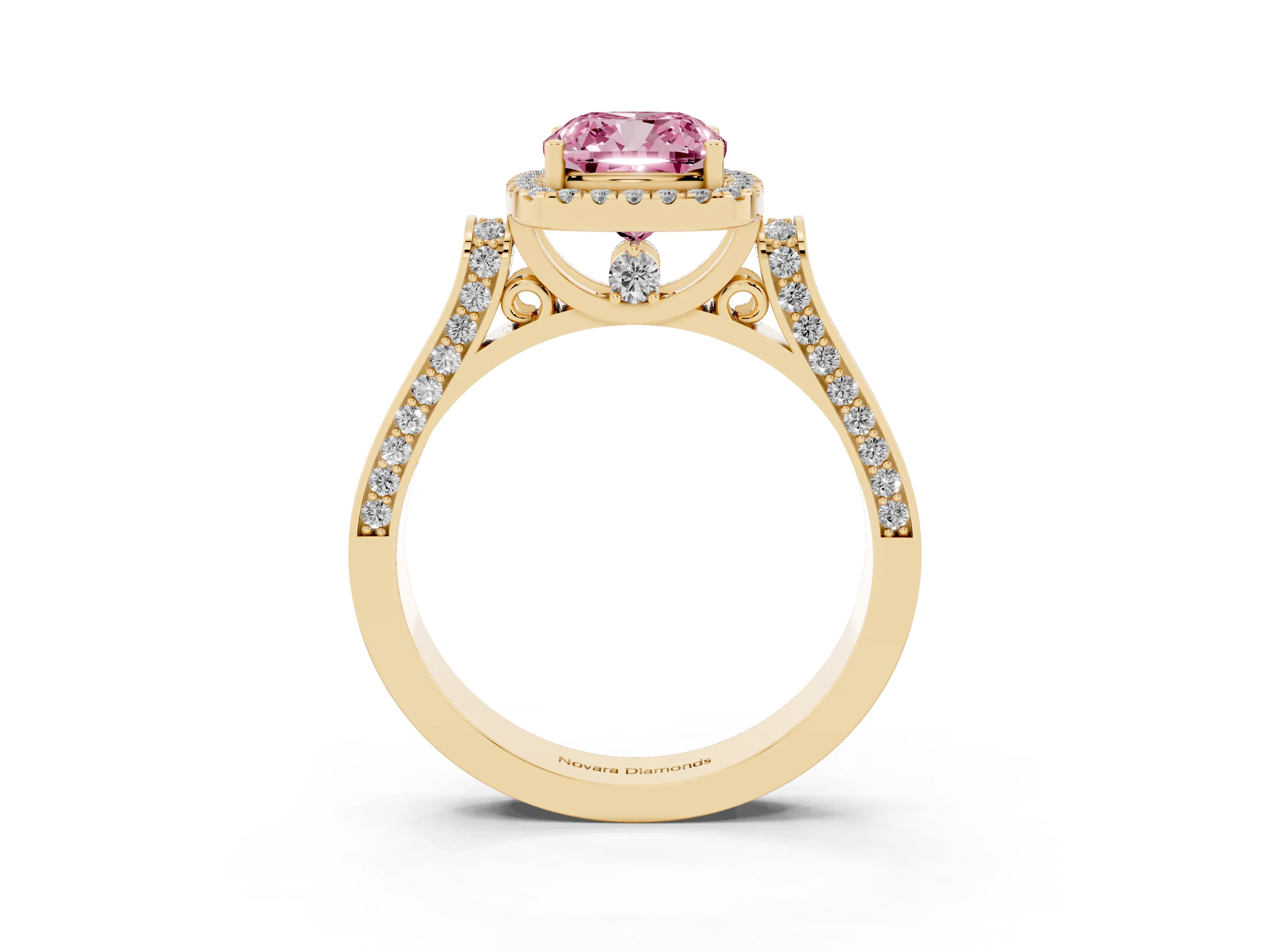 Fancy Pink Cushion Cut Diamond Halo Ring Set in Yellow gold with Pavé-Lined Split Shank Band