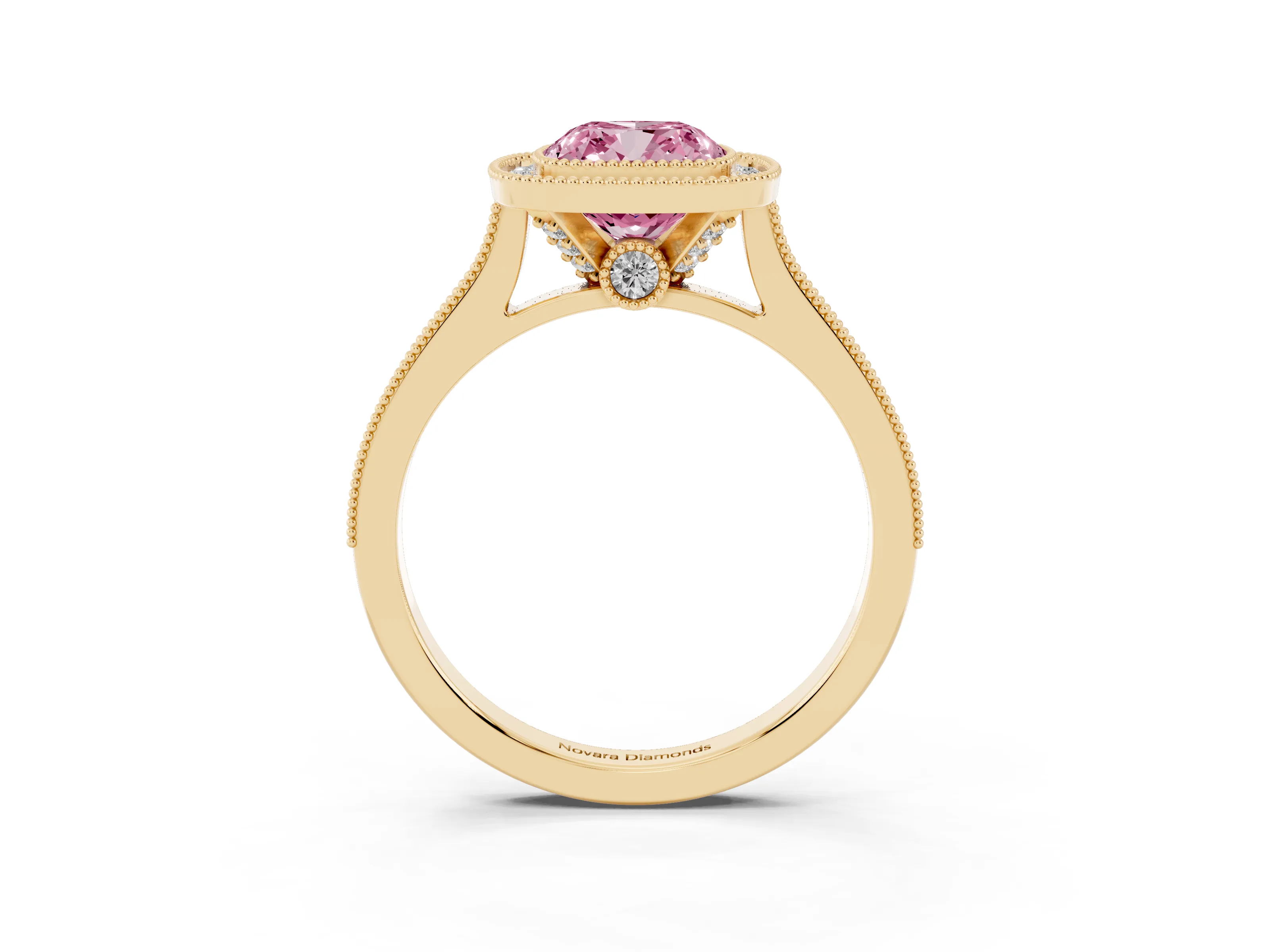 Fancy Pink Cushion Cut Diamond Halo Milgrain Pavé Band Ring Set in Yellow gold with Prong Setting