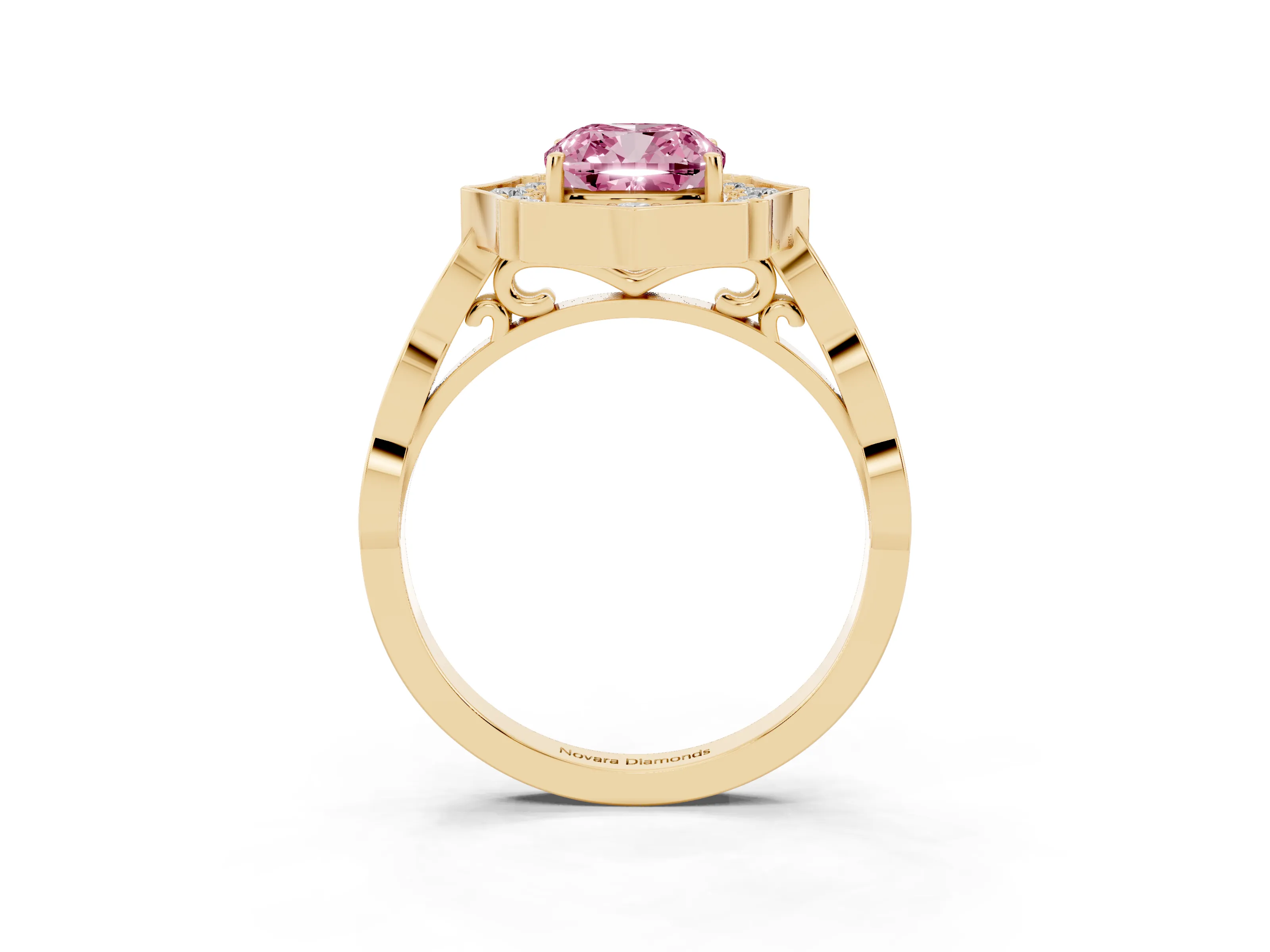 Fancy Pink Cushion Cut Diamond Halo Engagement Ring Set in Yellow gold with Milgrain Band and Prong Setting
