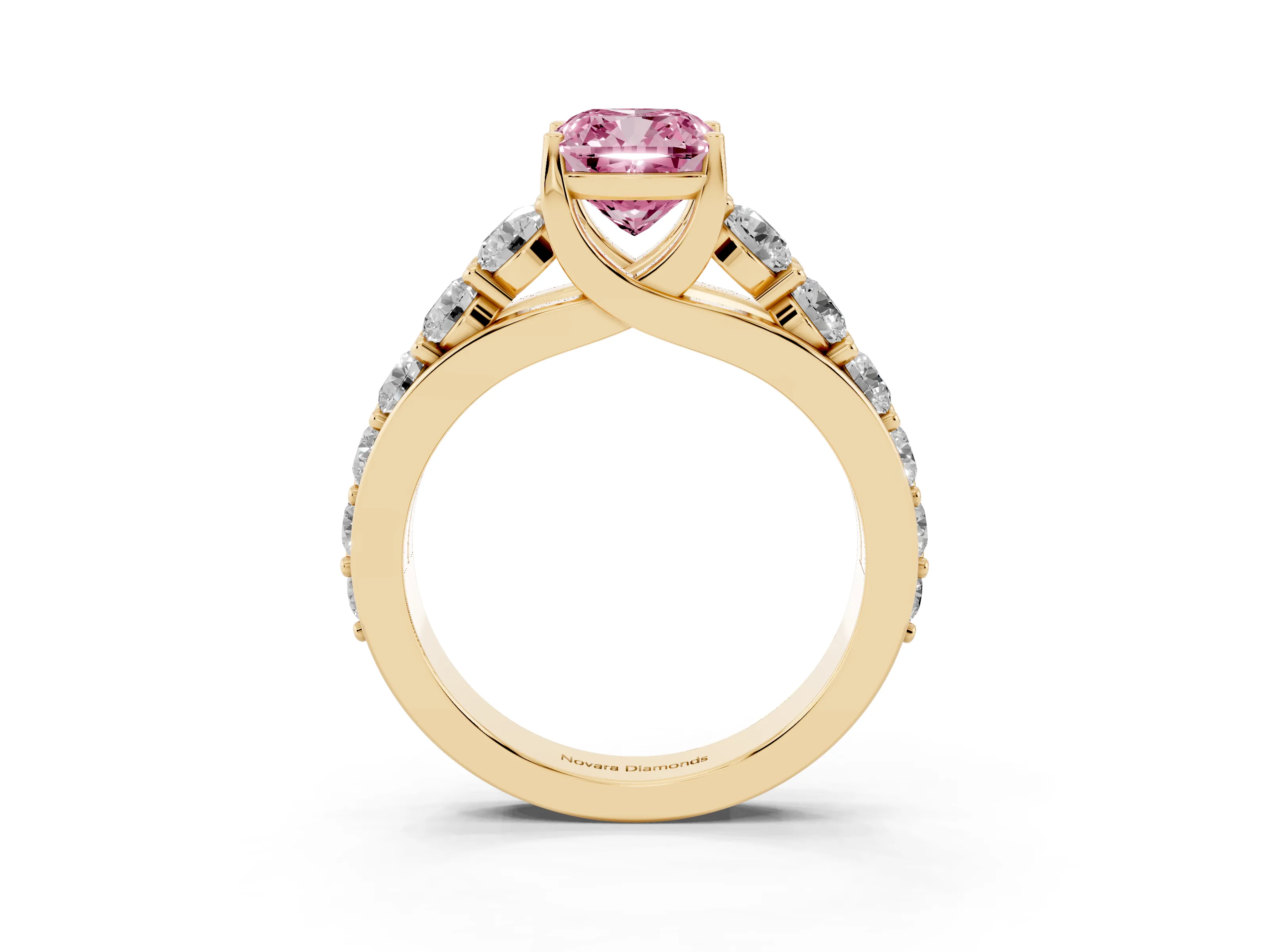 Fancy Pink Cushion Cut Diamond Pavé Engagement Ring Set in Yellow gold with Prong Setting