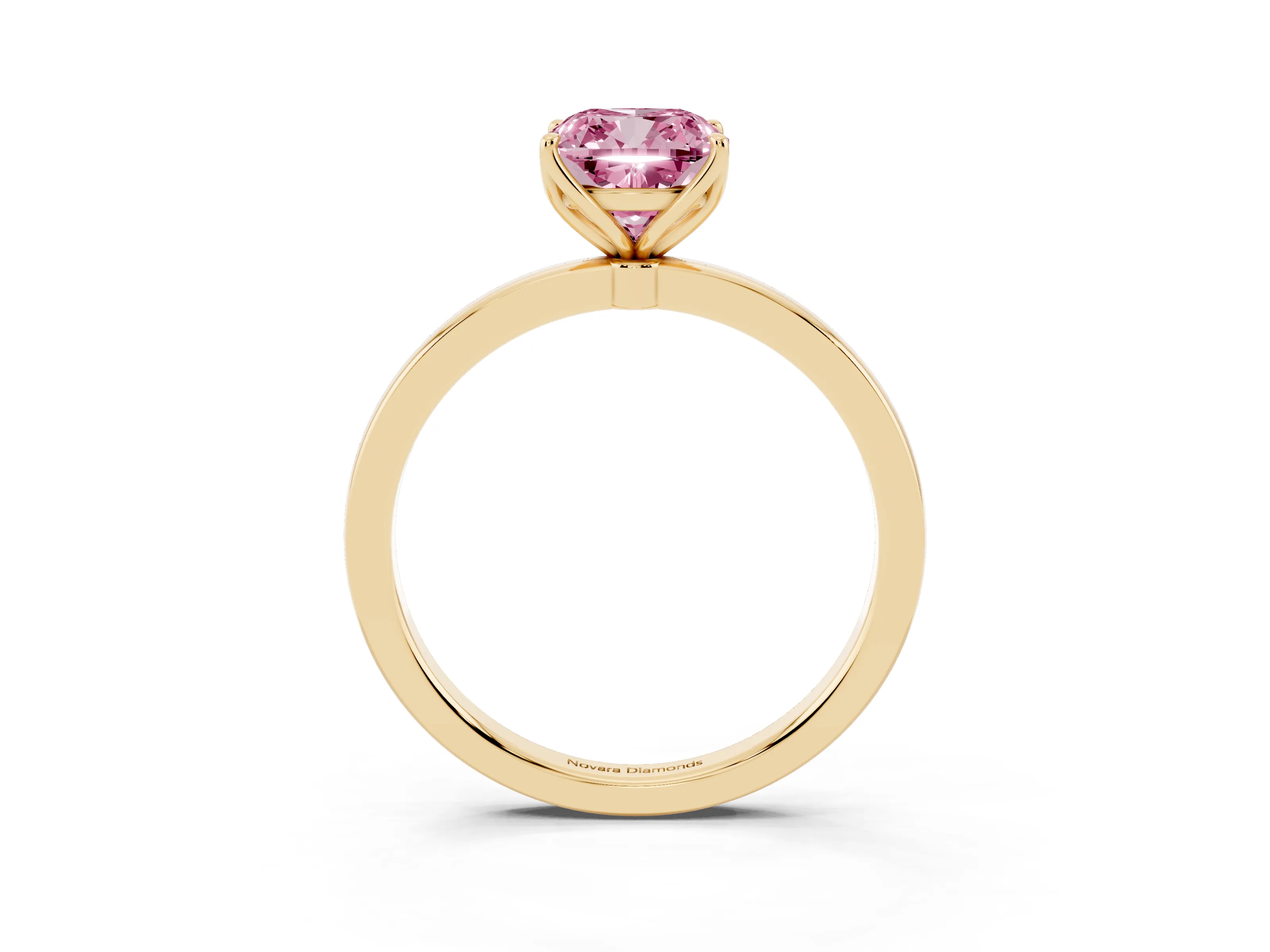 Fancy Pink Cushion Cut Diamond Solitaire Ring Set in Yellow gold with Prong Setting and Thin Polished Band