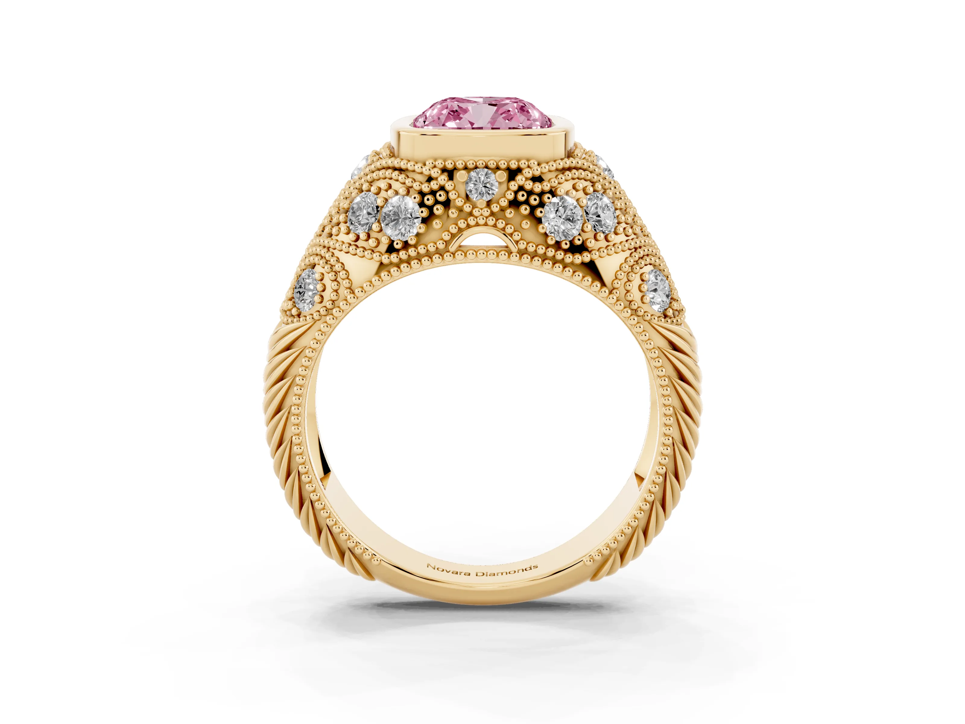 Fancy Pink Cushion Cut Diamond Bezel Ring Set in Yellow gold with Milgrain Accent Band