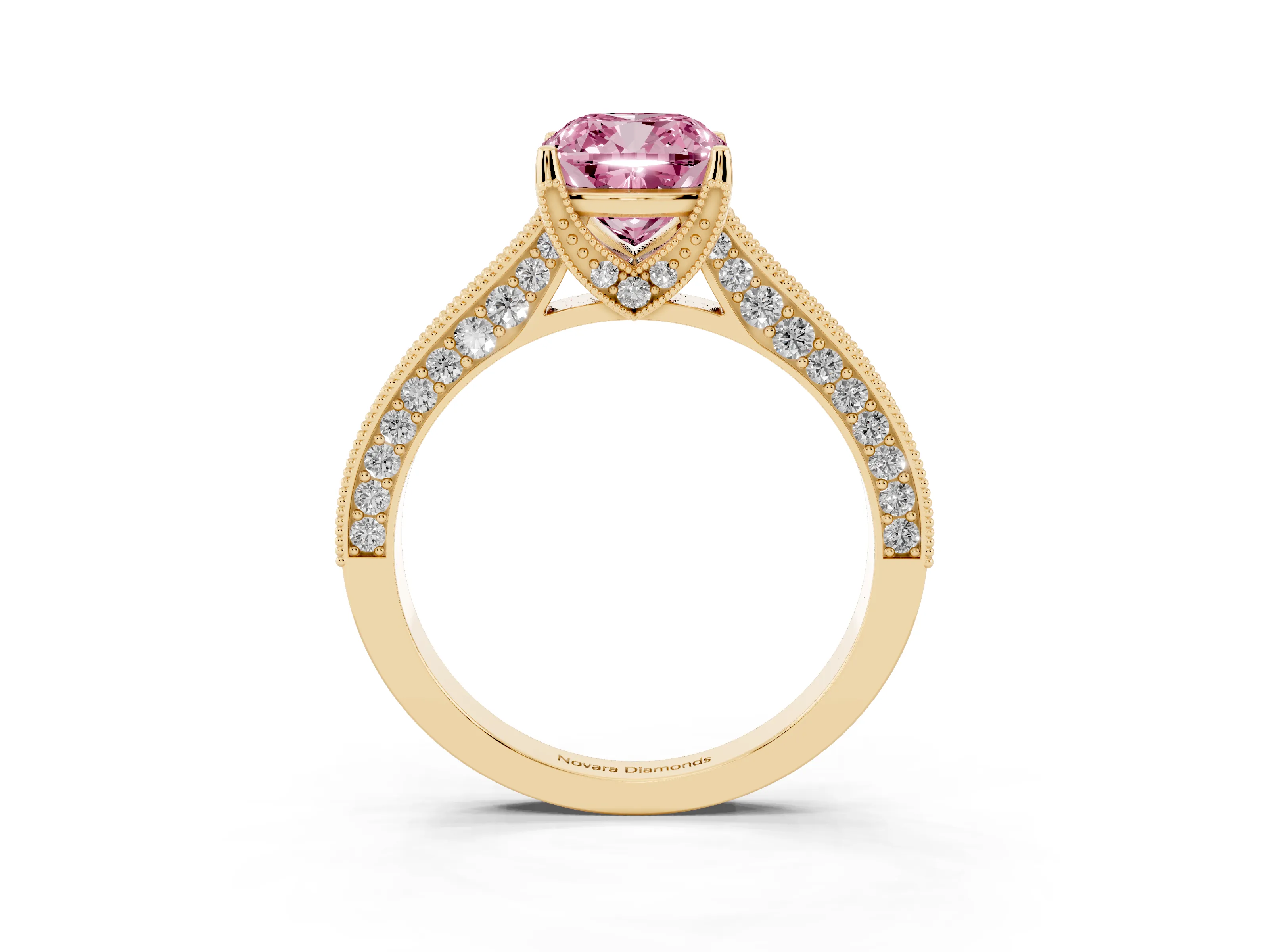 Fancy Pink Cushion Cut Diamond Solitaire Ring Set in Yellow gold with Milgrain-Edged Pavé Band and Prong Setting