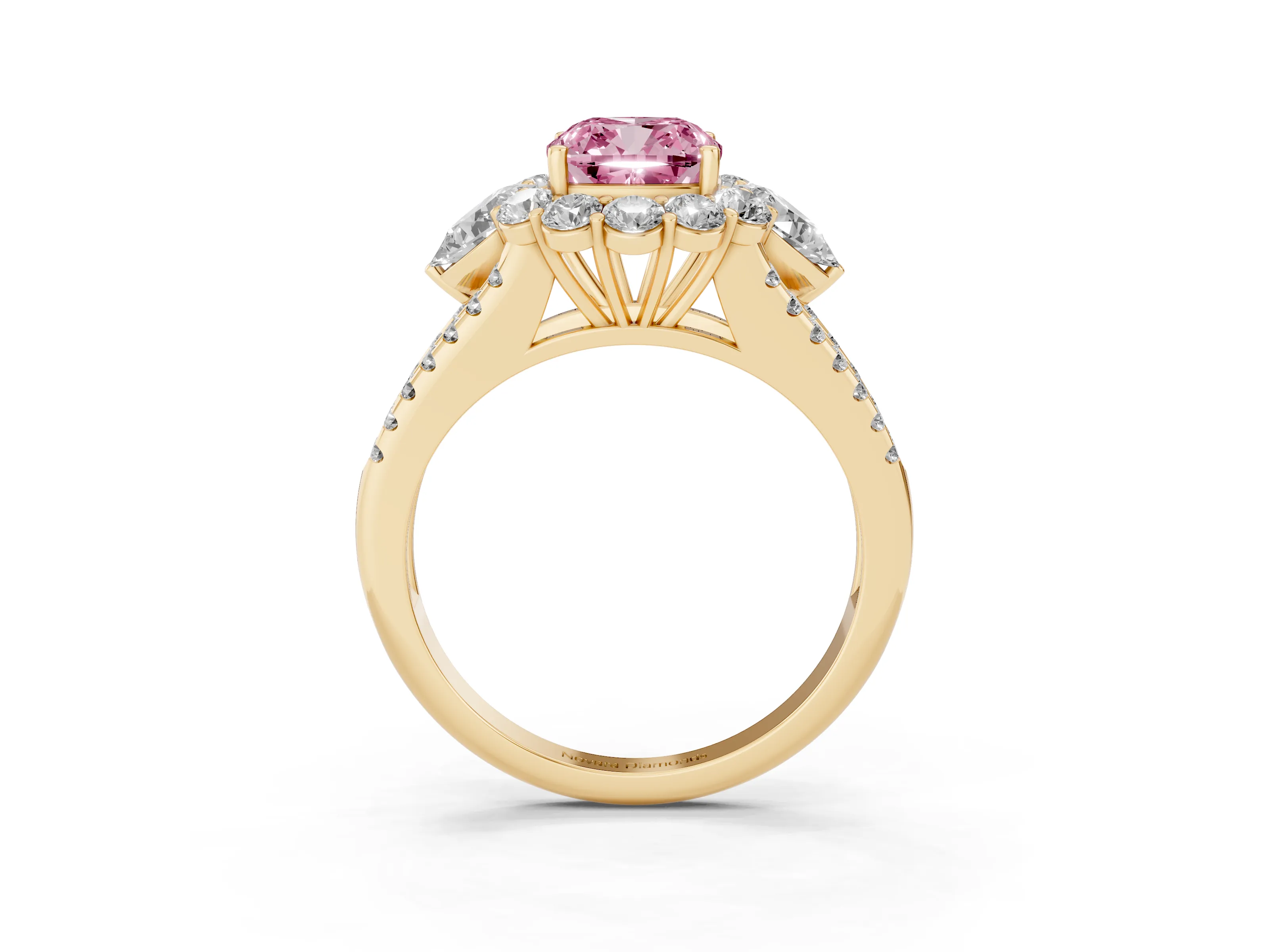 Fancy Pink Cushion Cut Diamond Halo Split Shank Engagement Ring Set in Yellow gold with Prong-Held Center Stone