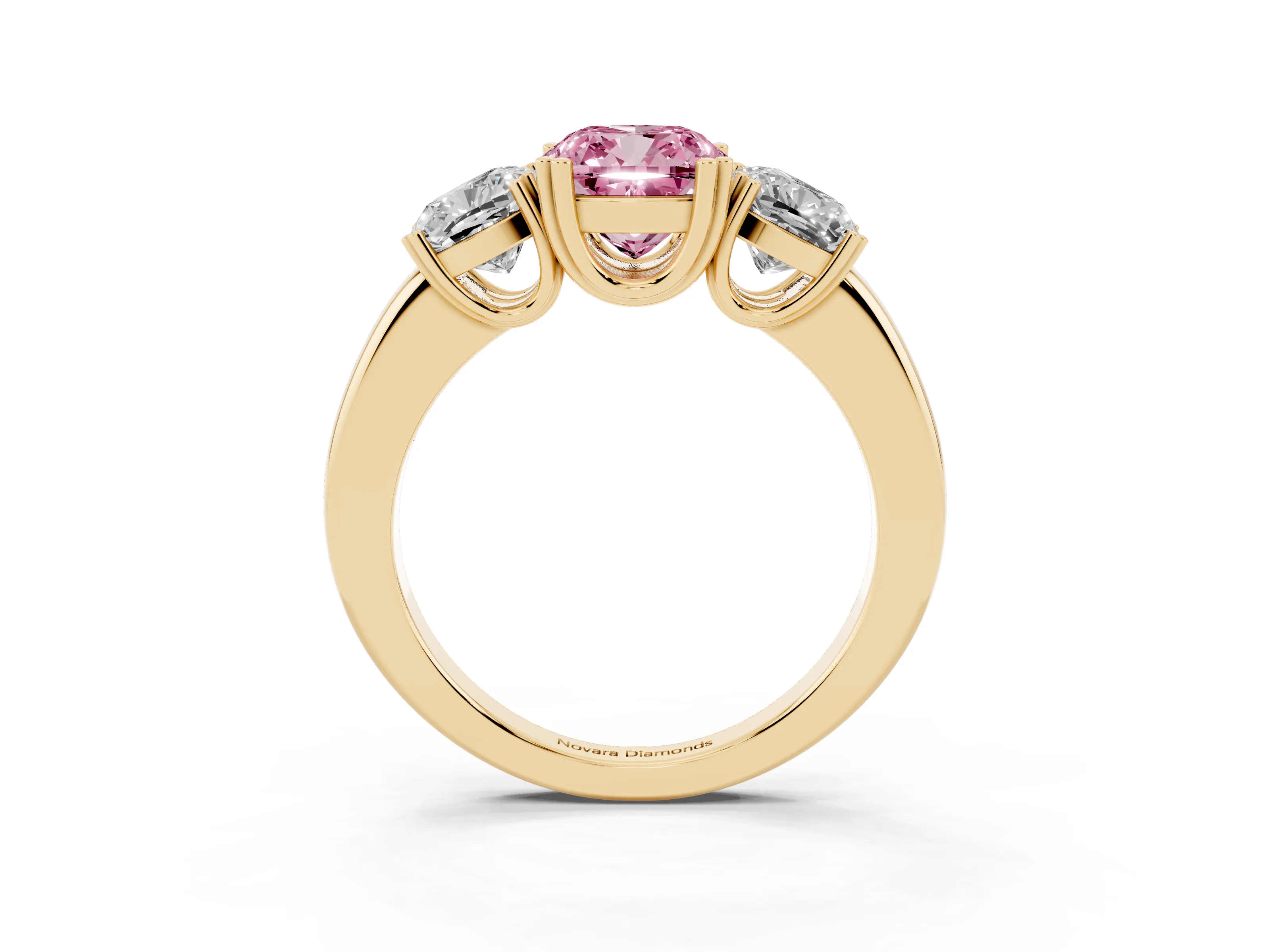 Fancy Pink Cushion Cut Diamond Three-Stone Ring Set in Yellow gold with Polished Band and Prong Setting