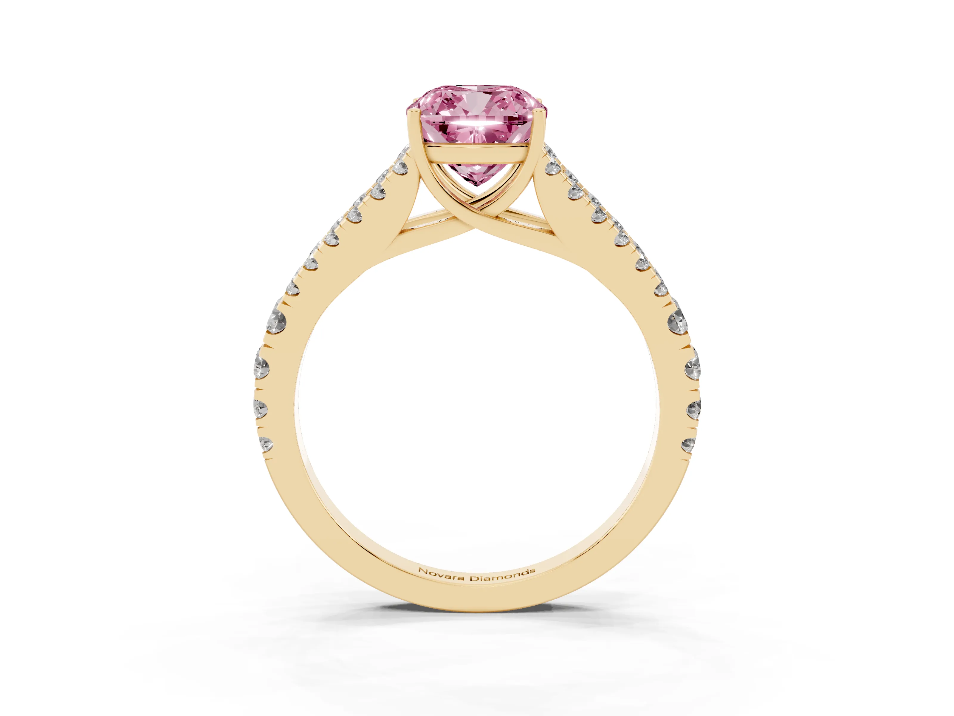 Fancy Pink Cushion Cut Diamond Split Shank Pavé Engagement Ring Set in Yellow gold with Prong-Held Center Stone