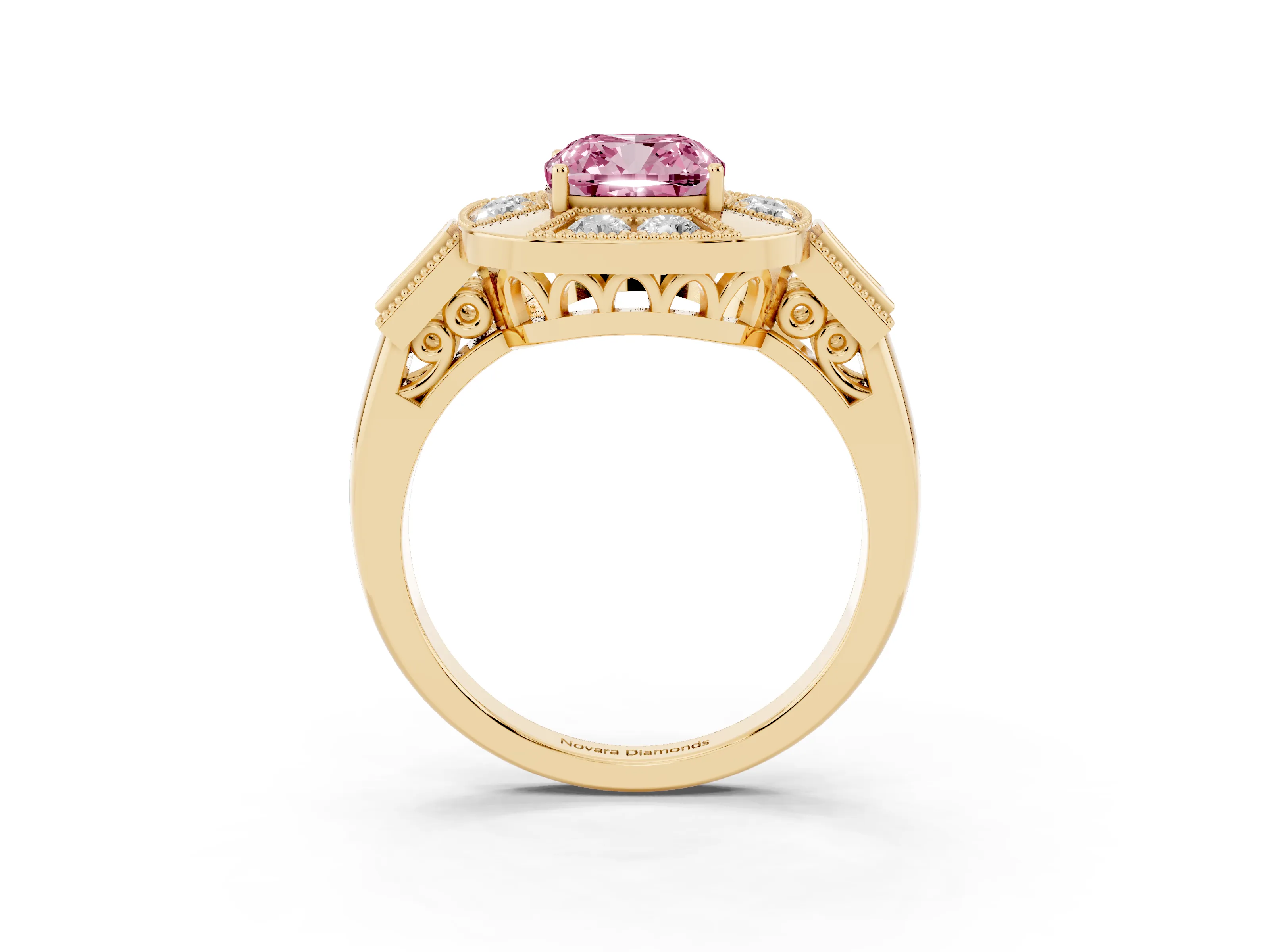 Fancy Pink Cushion Cut Diamond Milgrain Halo Ring Set in Yellow gold with Split Shank