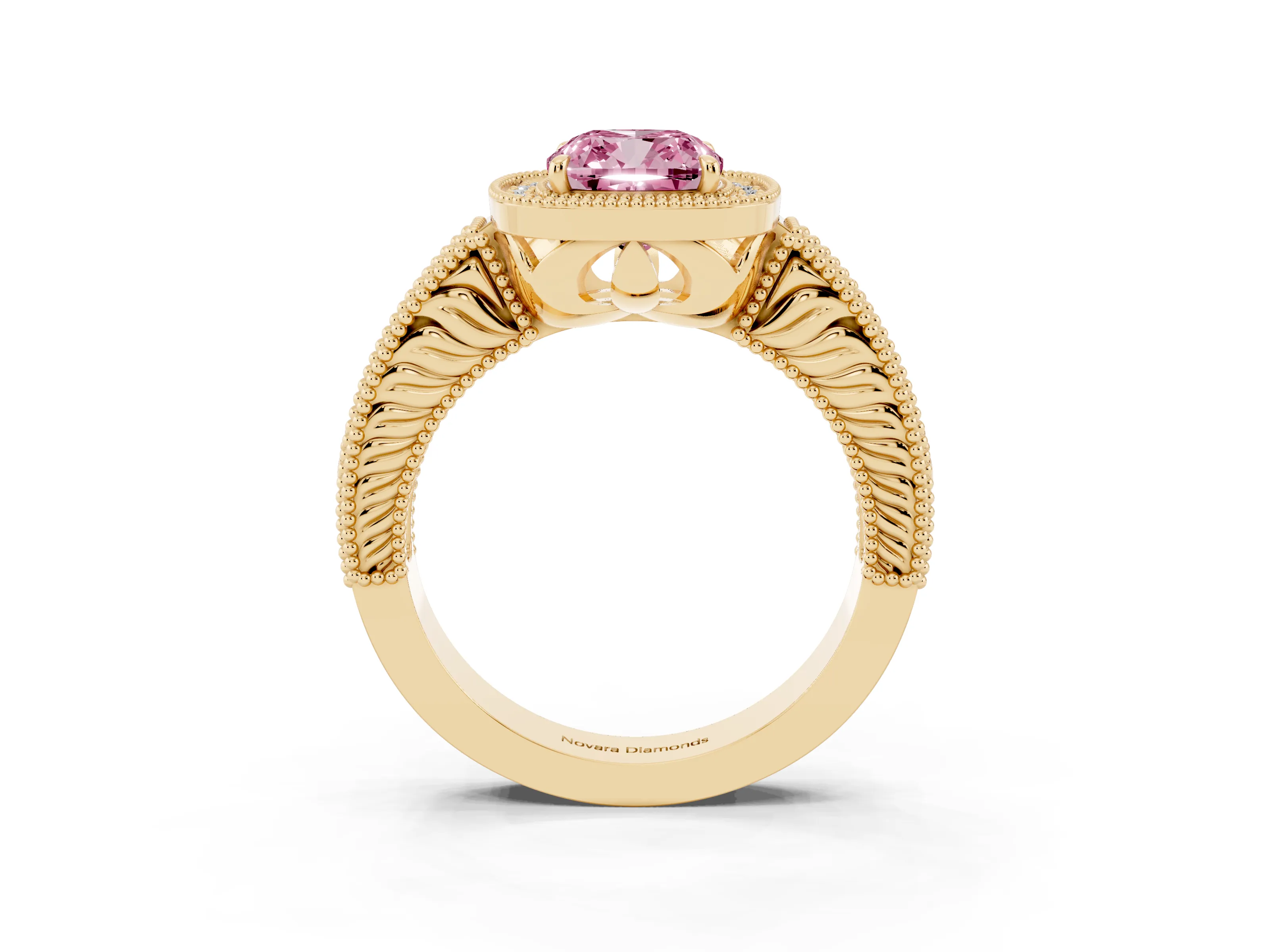 Fancy Pink Cushion Cut Diamond Halo Ring Set in Yellow gold with Round Accent Halo, Pavé Band and Prong Setting