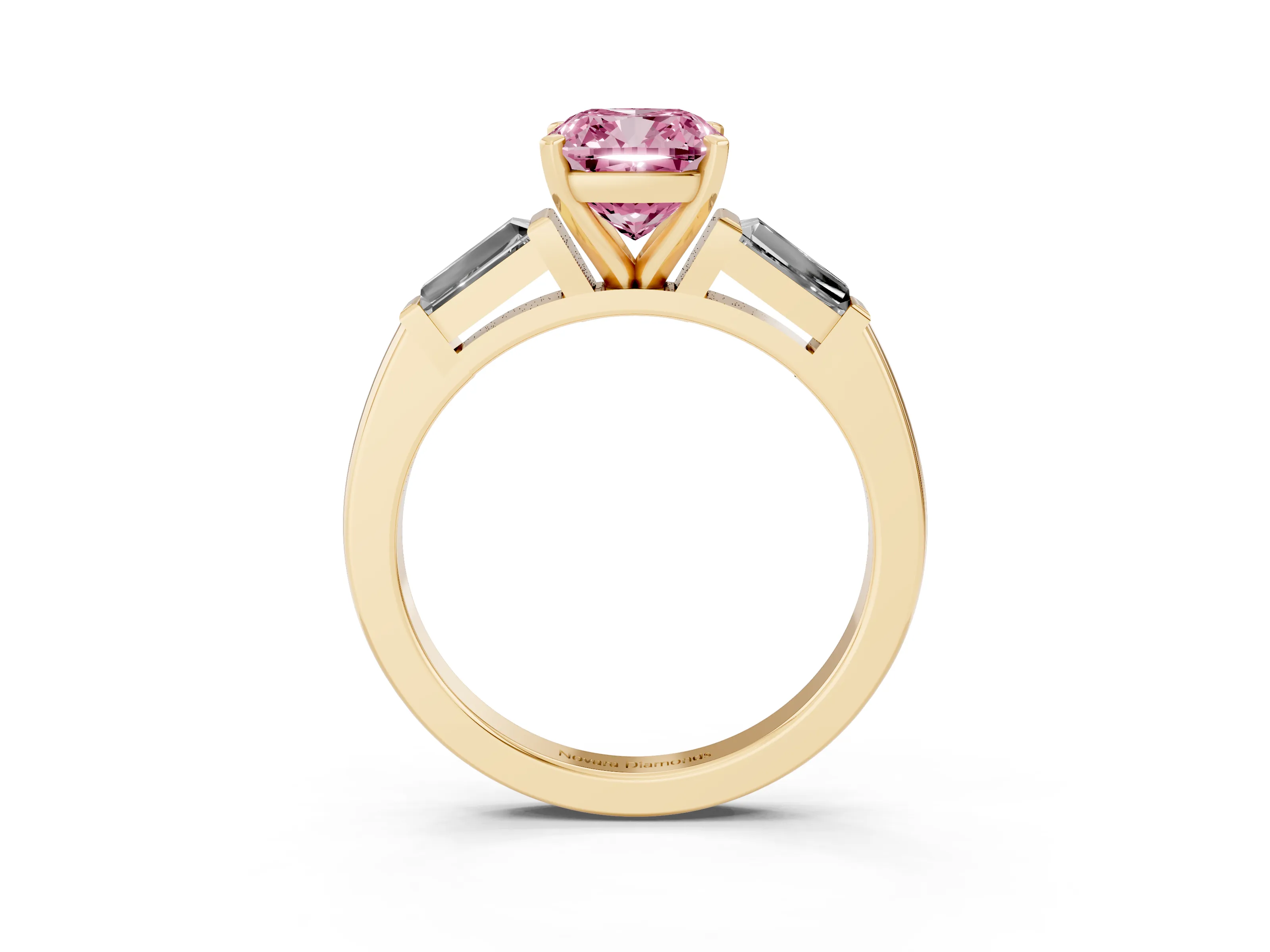 Fancy Pink Cushion Cut Diamond Solitaire Ring Set in Yellow gold with Tapered Baguette Side Stones and Prong Setting