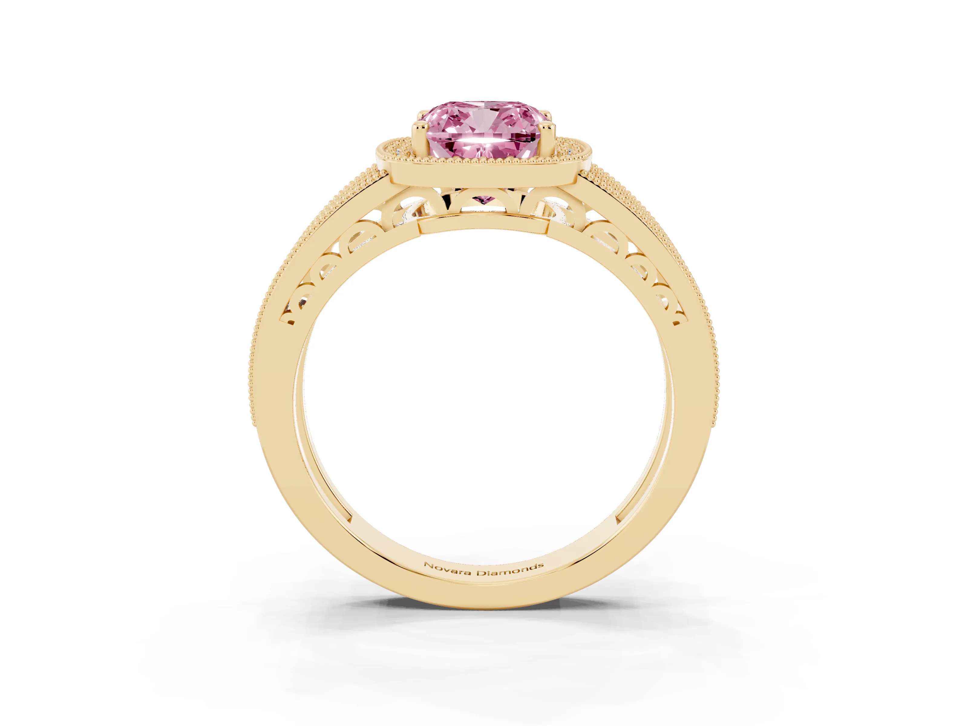 Fancy Pink Cushion Cut Diamond Halo Ring Set in Yellow gold with Accent Split Shank and Prong Setting