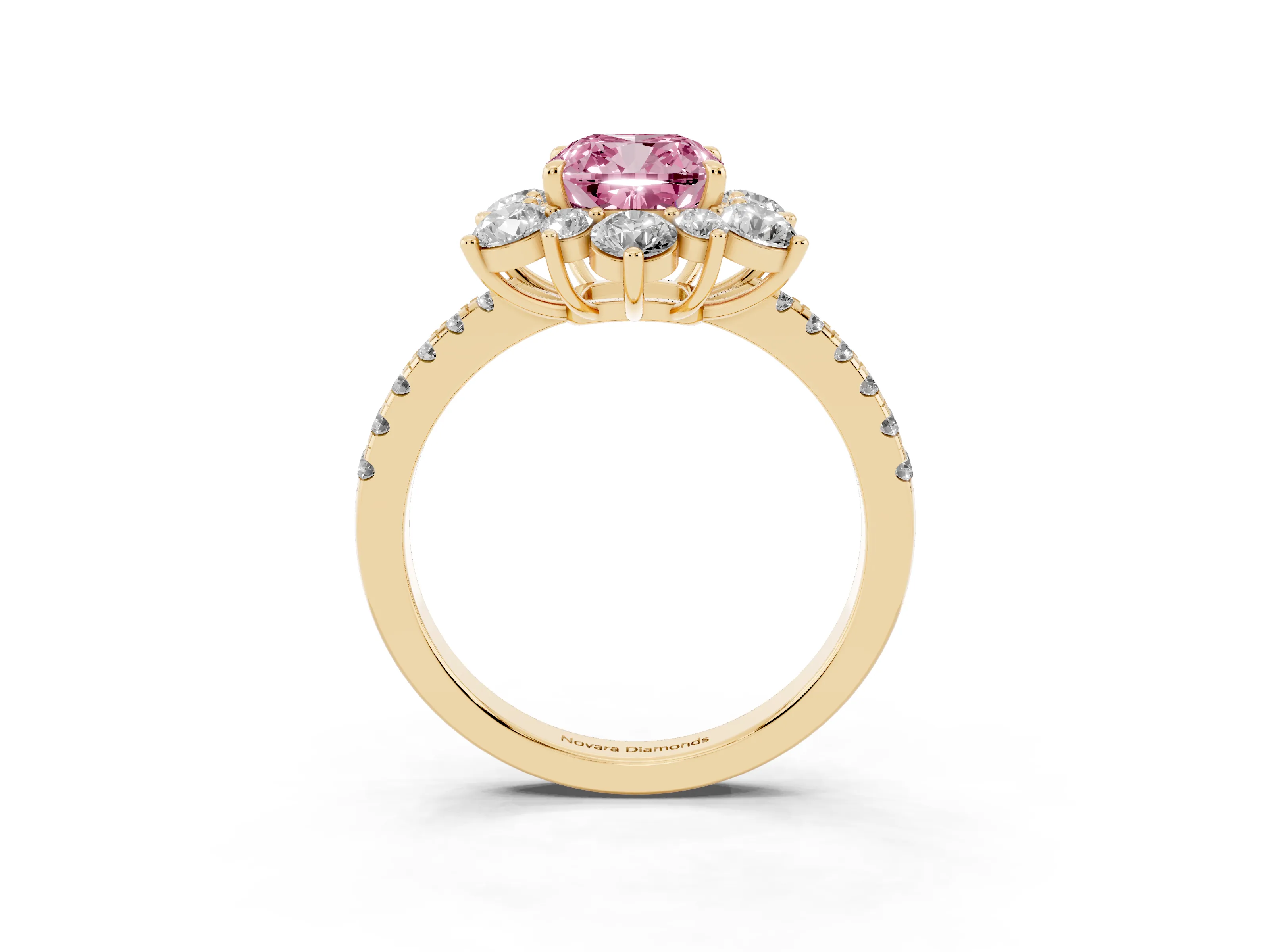 Fancy Pink Cushion Cut Diamond Floral Halo Ring Set in Yellow gold with Round Pavé Band and Prong Setting