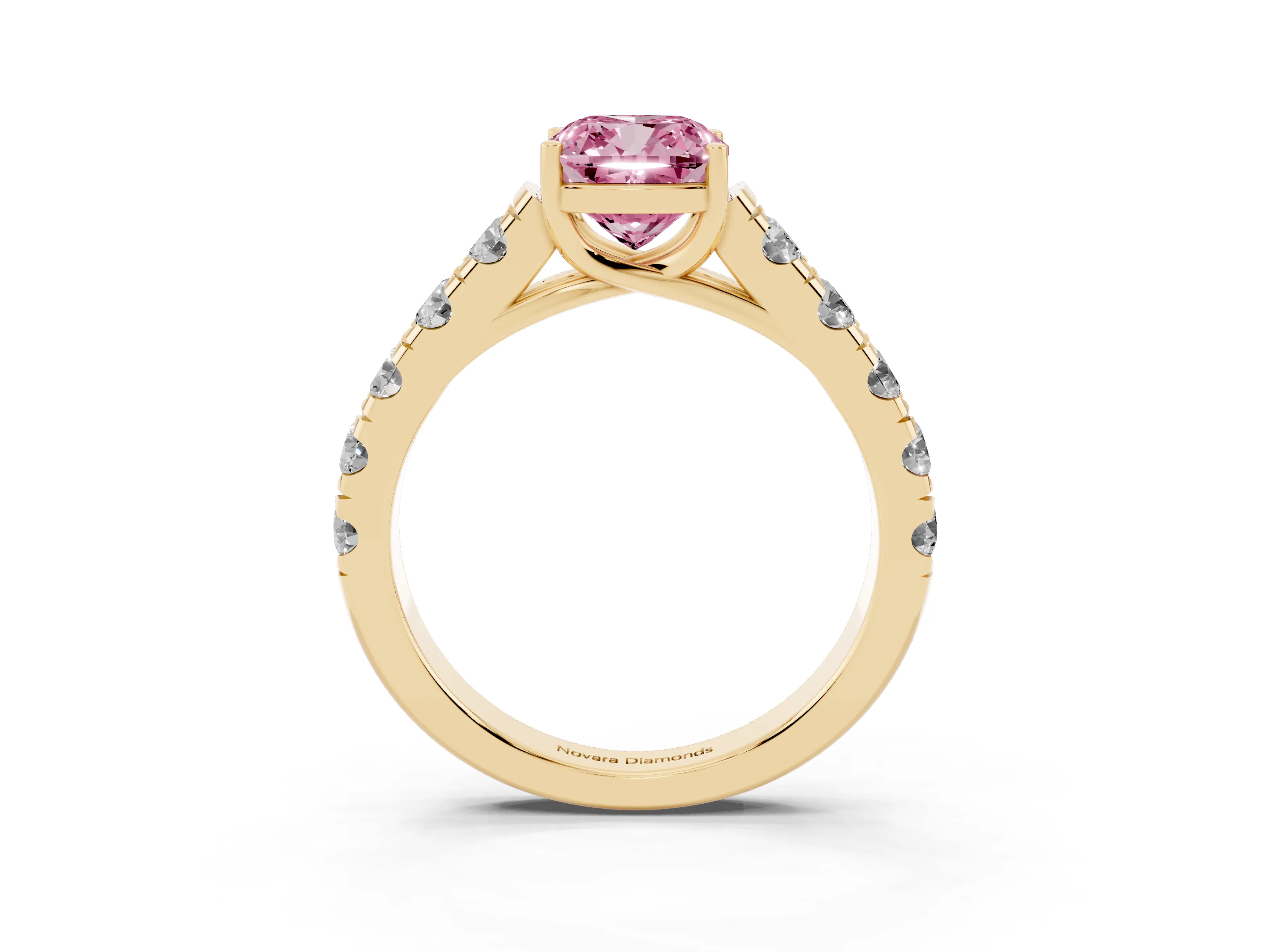 Fancy Pink Cushion Cut Diamond Solitaire Ring Set in Yellow gold with Cut-Down Micro Pavé Band and Prong Setting