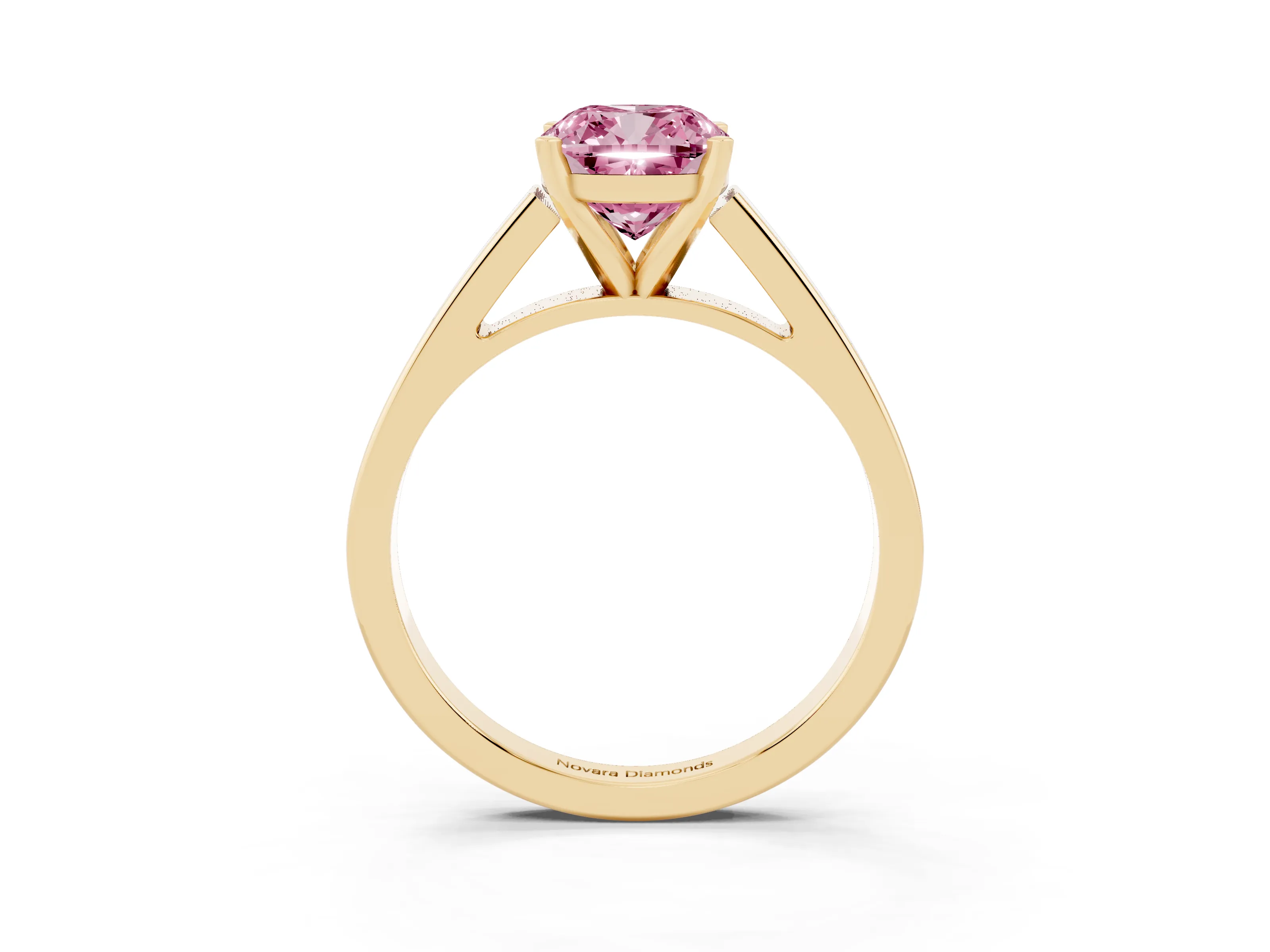 Fancy Pink Cushion Cut Diamond Solitaire Engagement Ring Set in Yellow gold with Prong Setting and Tapered Band