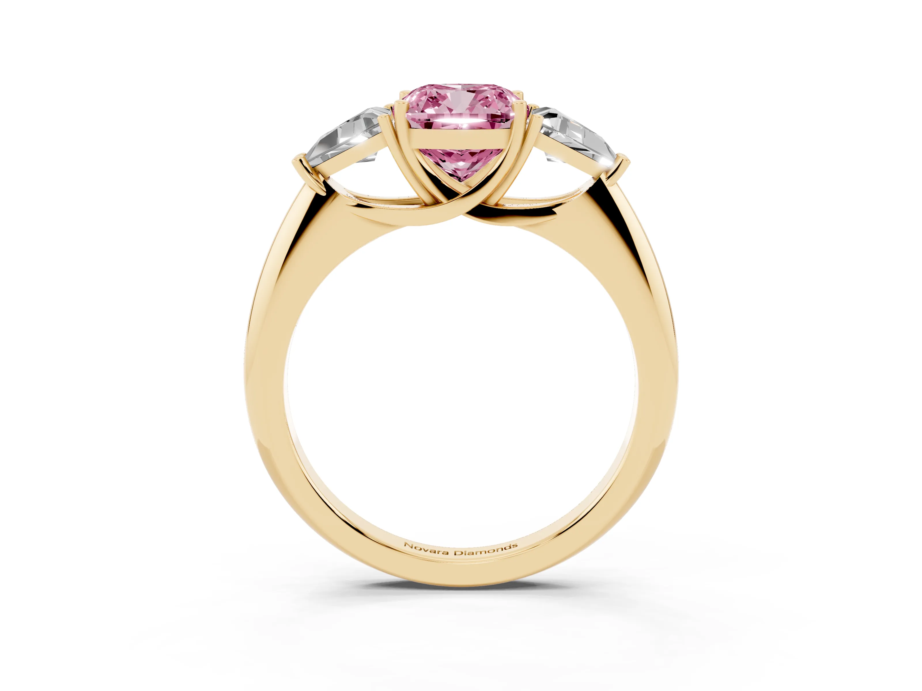 Fancy Pink Cushion Cut Diamond Three-Stone Engagement Ring Set in Yellow gold with Trillion Side Stones