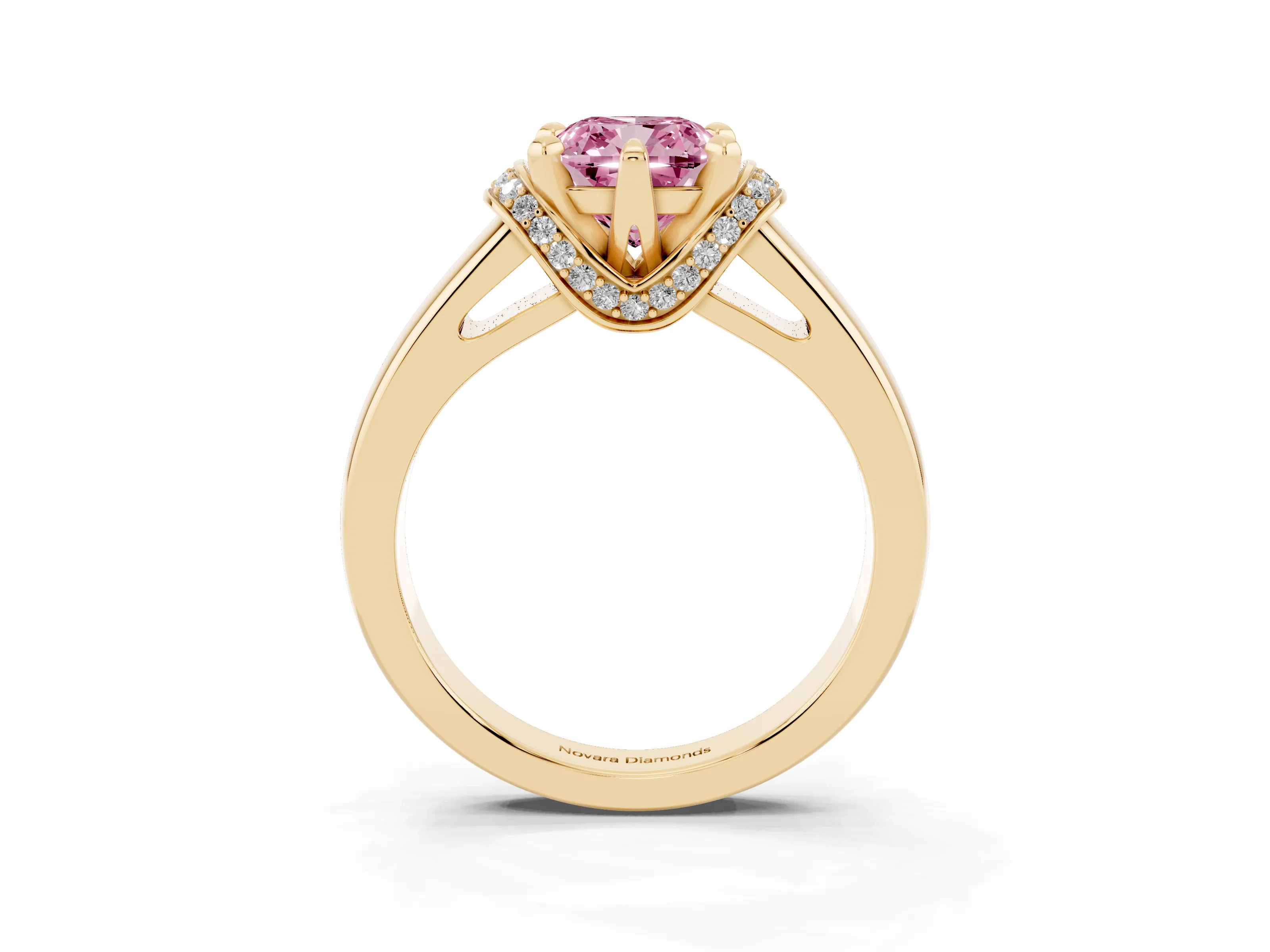 Fancy Pink Cushion Cut Diamond Pavé Band Solitaire Ring Set in Yellow gold with Prong Setting