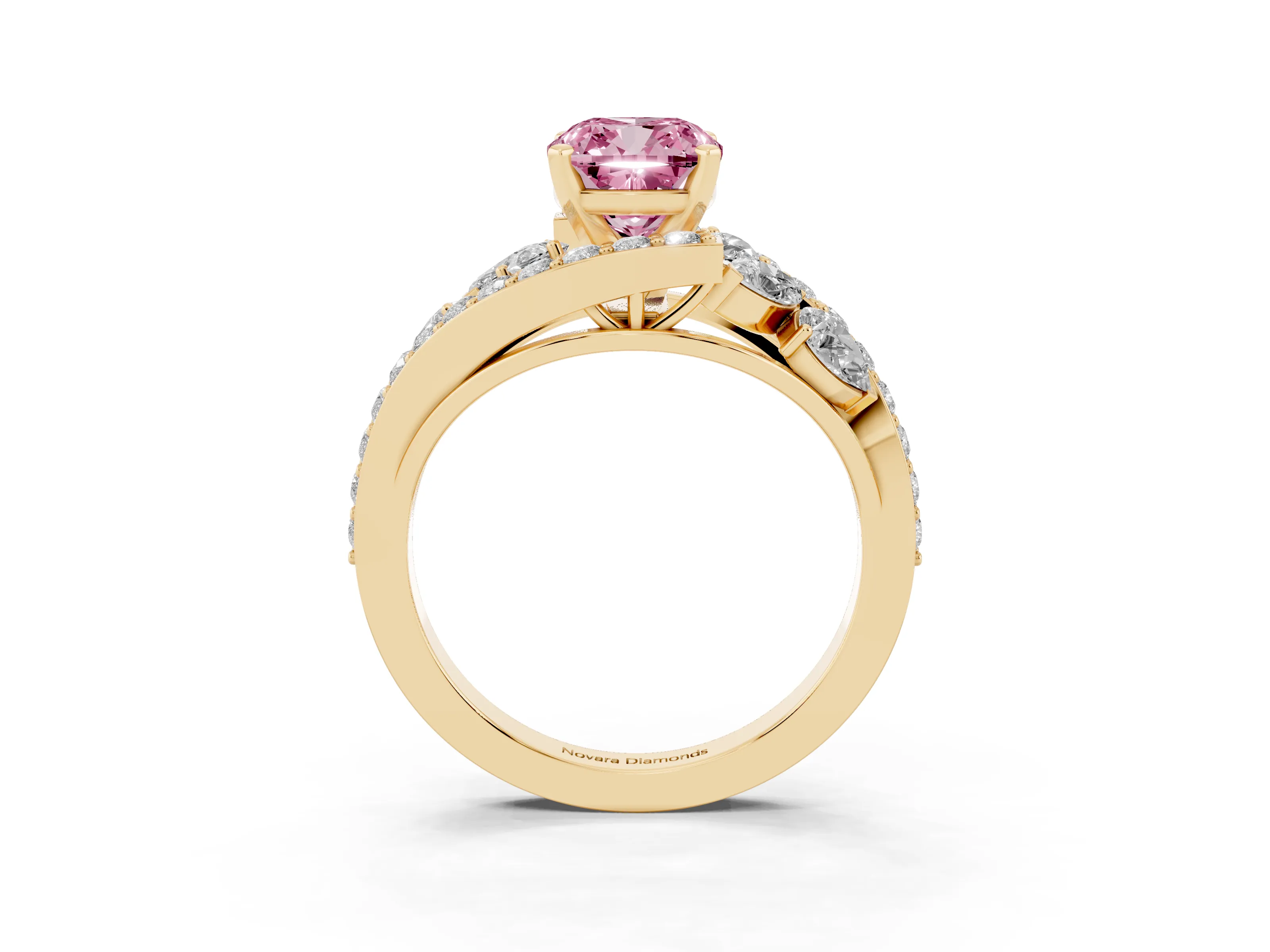 Fancy Pink Cushion Cut Diamond Halo Ring Set in Yellow gold with Marquise and Pavé Band in Prong Setting