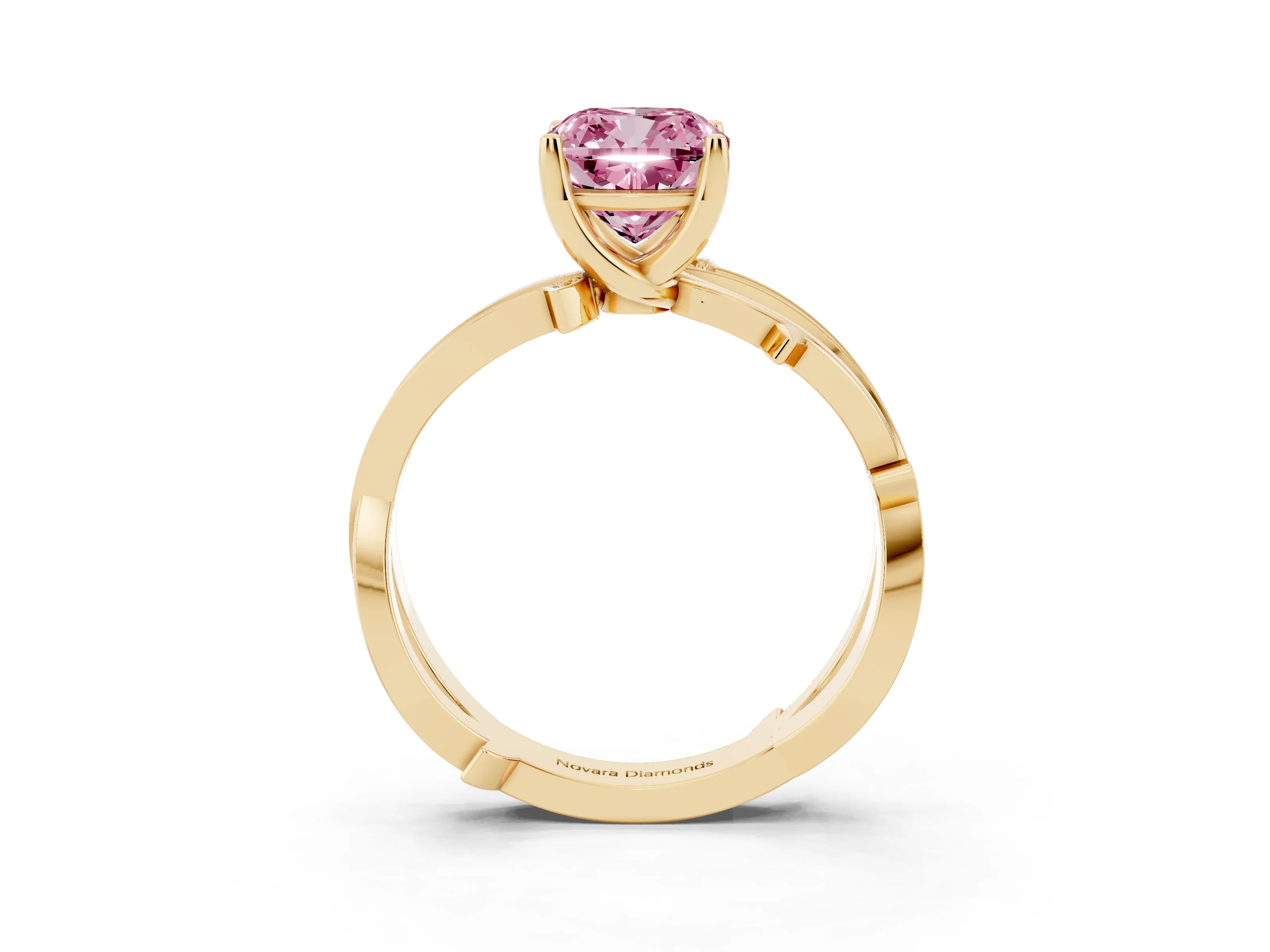 Fancy Pink Cushion Cut Diamond Pavé Twist Band Solitaire Ring Set in Yellow gold with Prong Setting