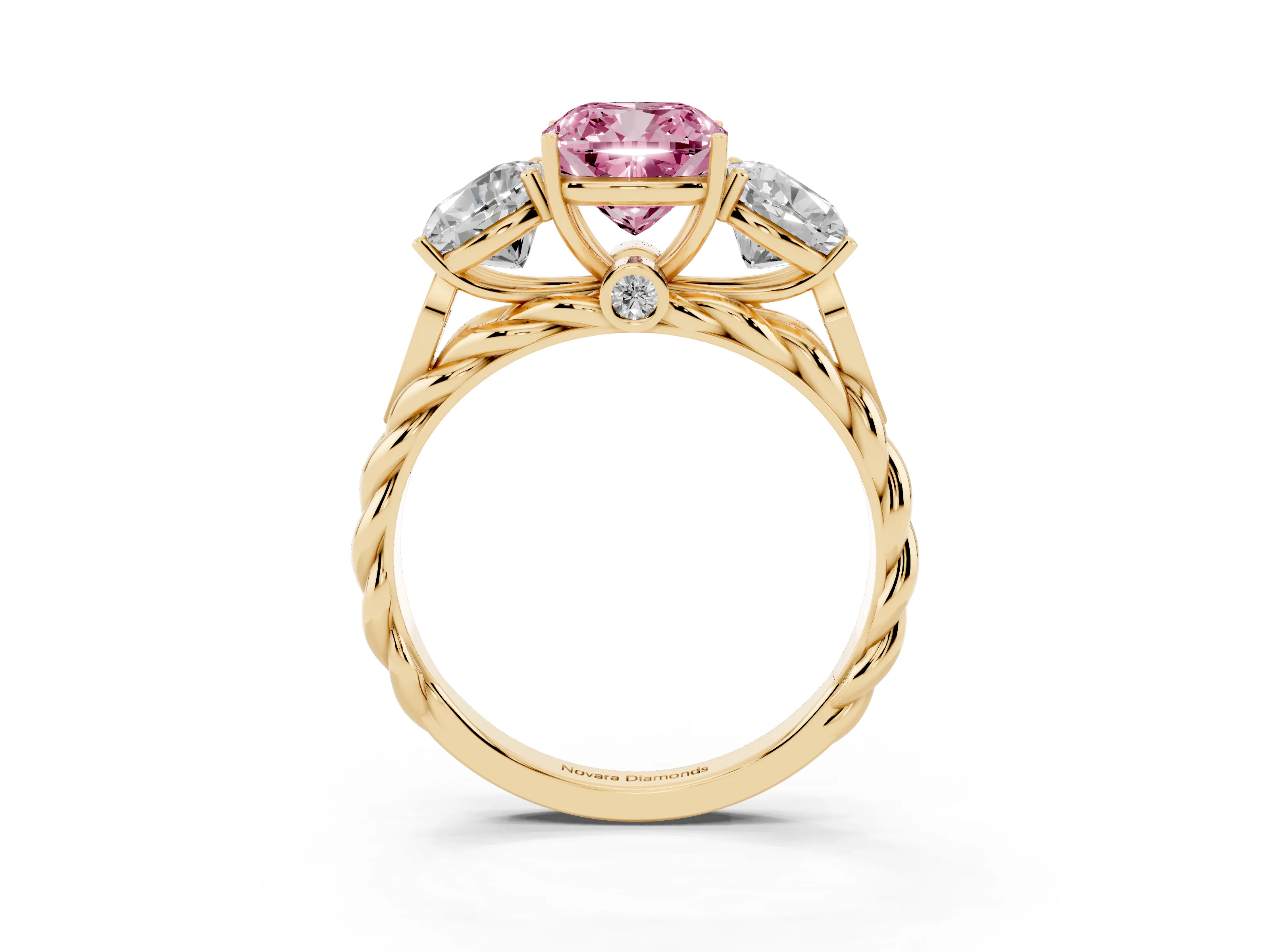 Fancy Pink Cushion Cut Diamond Three-Stone Ring Set in Yellow gold with Braided Band