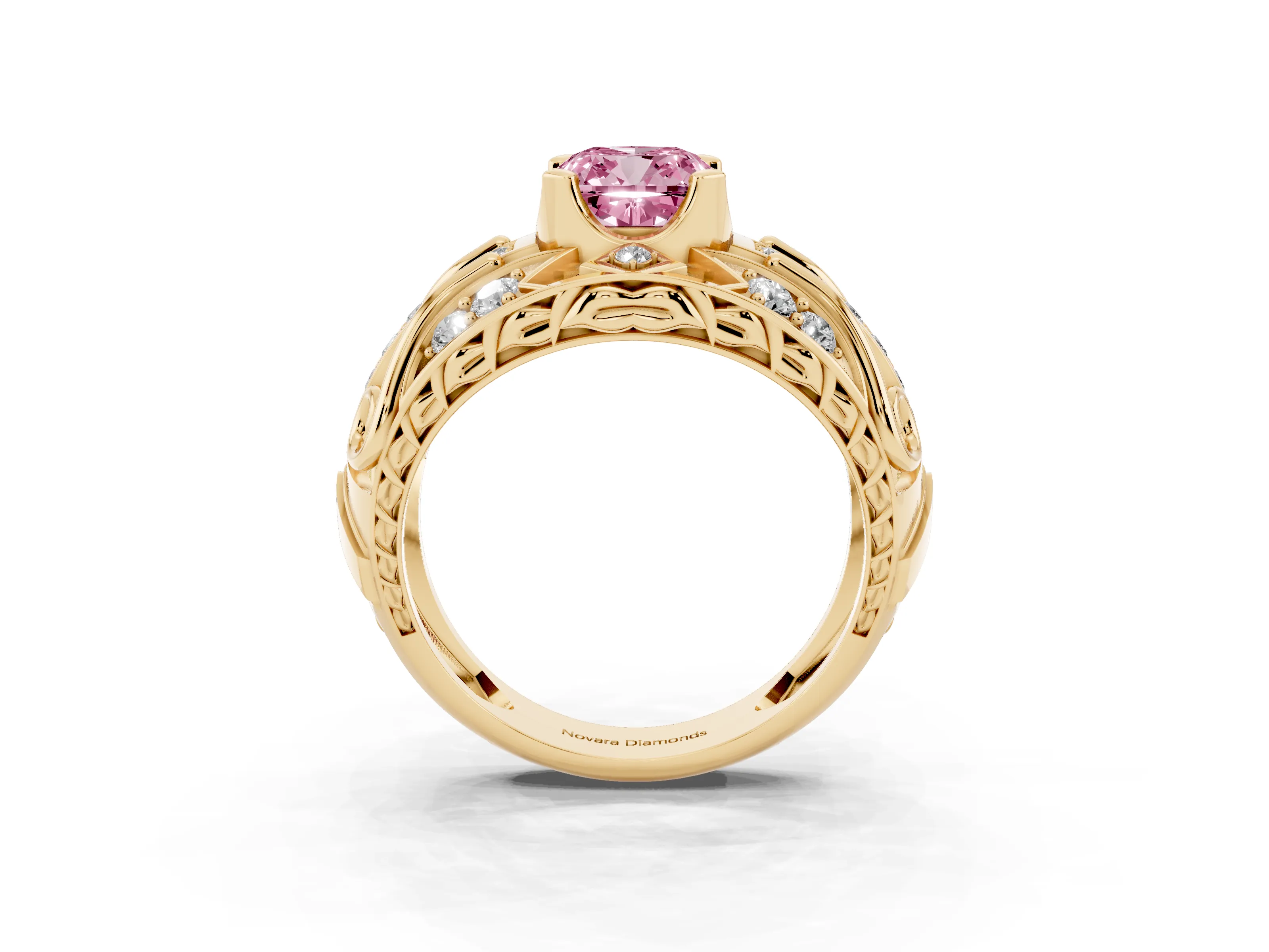Fancy Pink Cushion Cut Diamond Art Deco Ring Set in Yellow gold with Pavé Split Shank