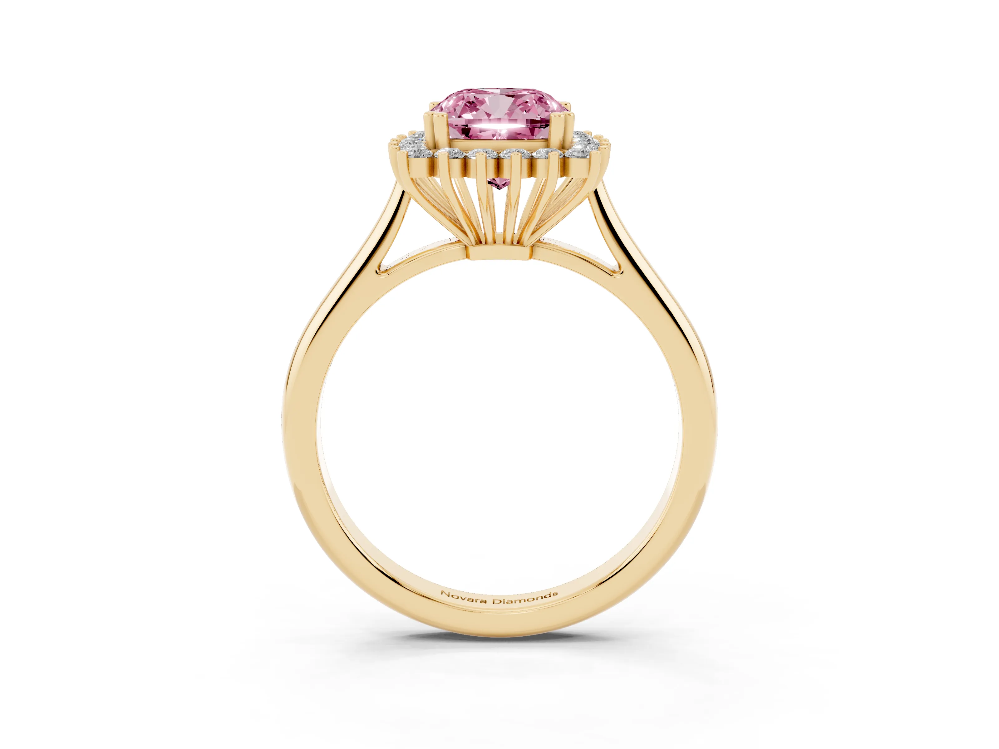 Fancy Pink Cushion Cut Diamond Halo Ring Set in Yellow gold with Plain Solitaire Band and Prong Setting