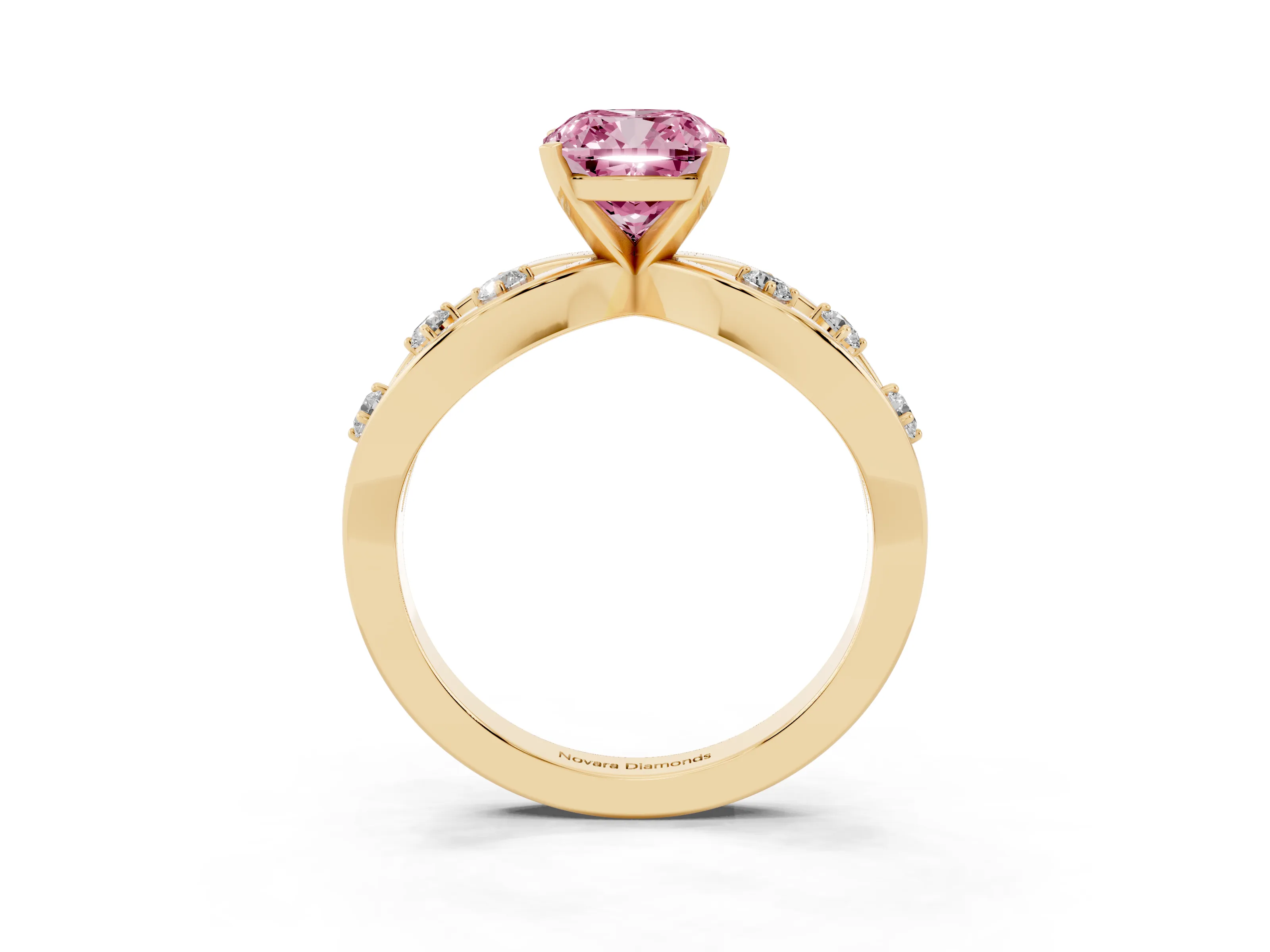Fancy Pink Cushion Cut Diamond Solitaire Ring Set in Yellow gold with Side Stones on Criss-Cross Band and Prong Setting