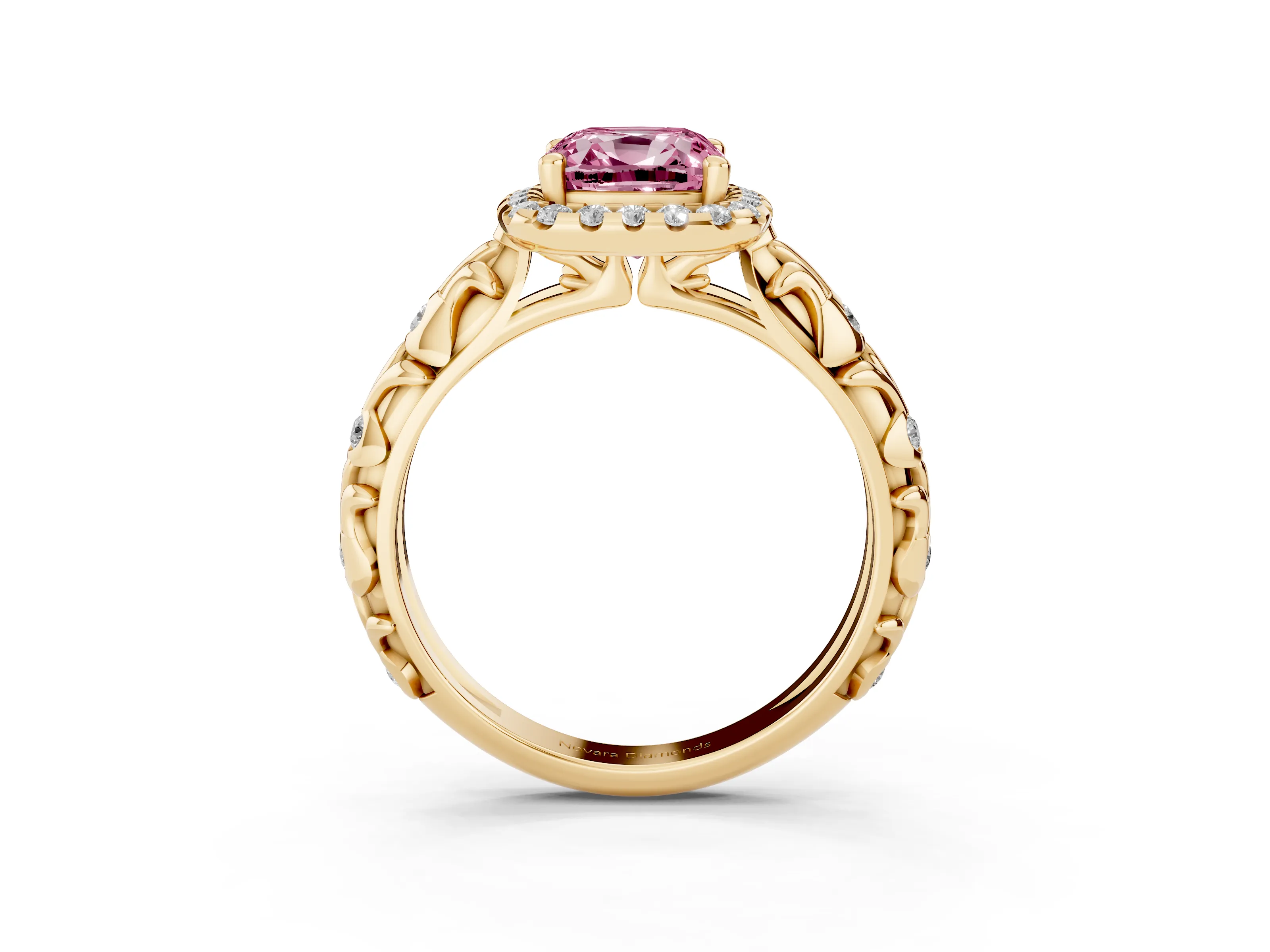 Fancy Pink Cushion Cut Diamond Halo Ring Set in Yellow gold with Filigree Leaf Band and Prong Setting